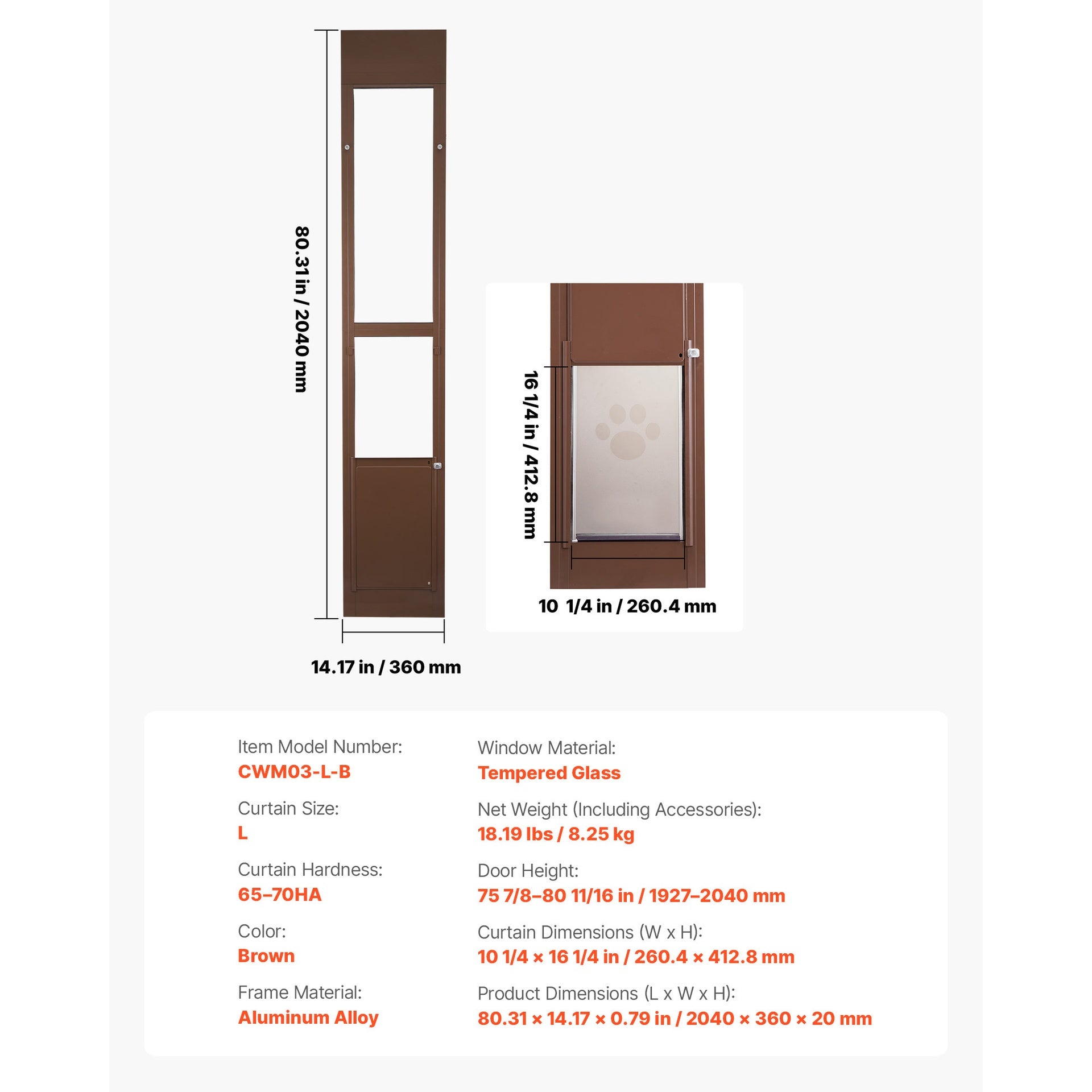 Dog Door for Sliding Glass Door, 75 7/8 to 80 11/16 in Adjustable Height, Aluminum Alloy Frame with Rotating Hinges, Lock Design, 10 1/4 x 16 1/4 in Flap, Sliding Glass Pet Door for Renters