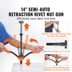 Rivnut Tool, 14-inch Rivnut Tool Kit with 7 Metric and SAE Mandrels, 70 Assorted Rivet Nuts (10-24, 1/4-20, M6, 5/16-18, M8, 3/8-16, M10), Comes with a Durable Carrying Case.