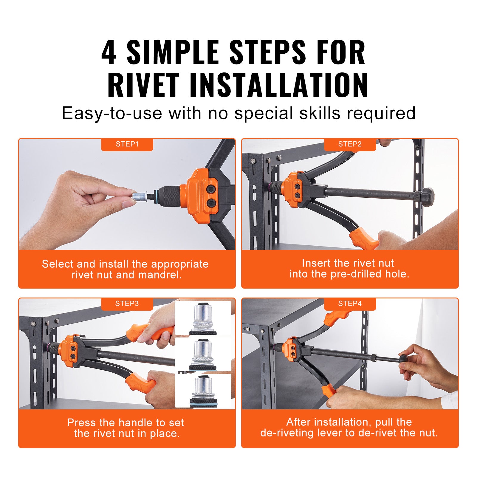 Rivnut Tool, 14-inch Rivnut Tool Kit with 7 Metric and SAE Mandrels, 70 Assorted Rivet Nuts (10-24, 1/4-20, M6, 5/16-18, M8, 3/8-16, M10), Comes with a Durable Carrying Case.