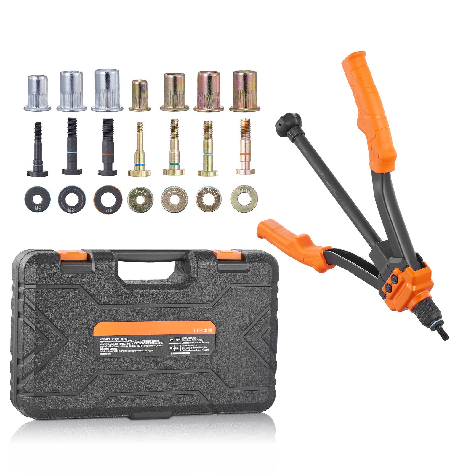 Rivnut Tool, 14-inch Rivnut Tool Kit with 7 Metric and SAE Mandrels, 70 Assorted Rivet Nuts (10-24, 1/4-20, M6, 5/16-18, M8, 3/8-16, M10), Comes with a Durable Carrying Case.