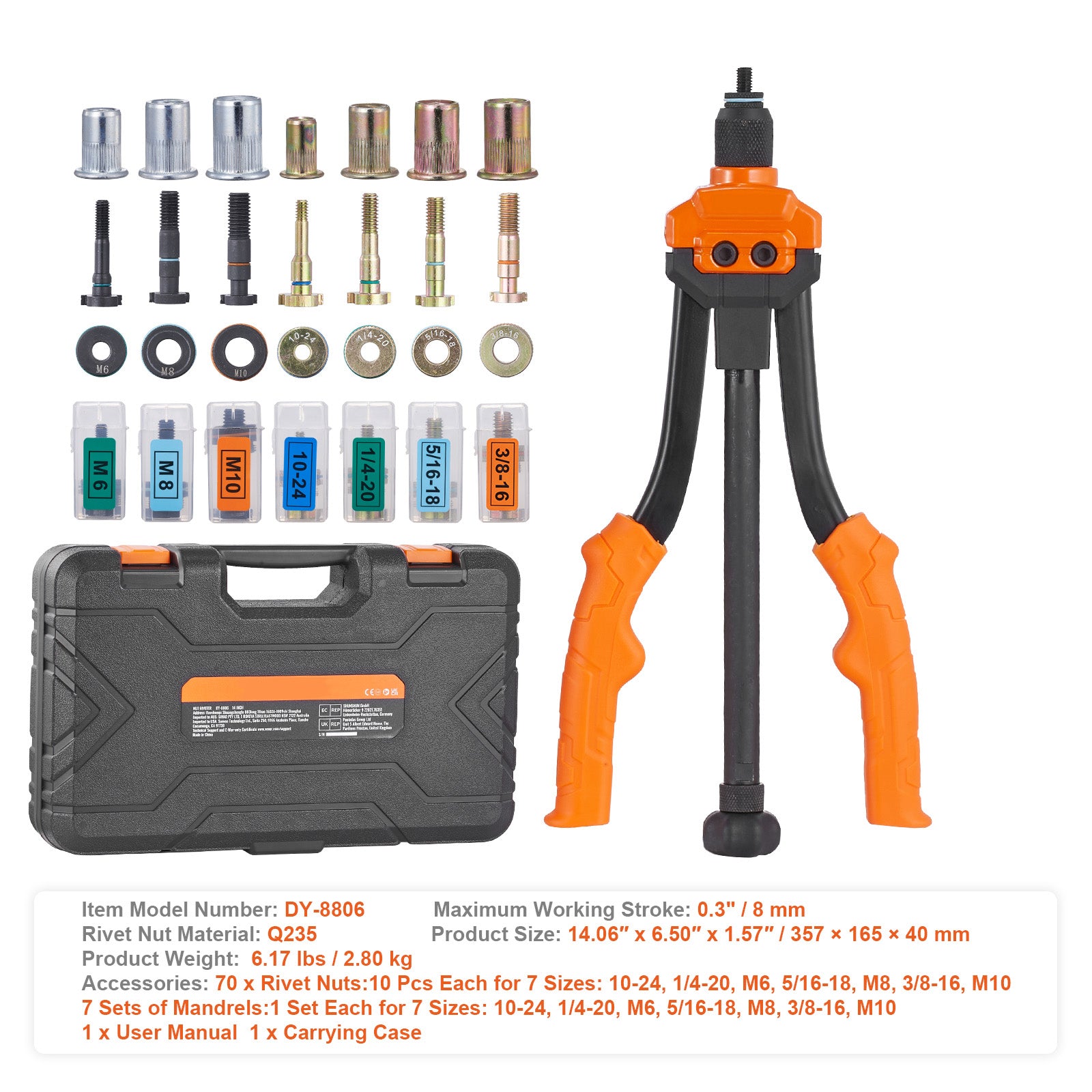 Rivnut Tool, 14-inch Rivnut Tool Kit with 7 Metric and SAE Mandrels, 70 Assorted Rivet Nuts (10-24, 1/4-20, M6, 5/16-18, M8, 3/8-16, M10), Comes with a Durable Carrying Case.