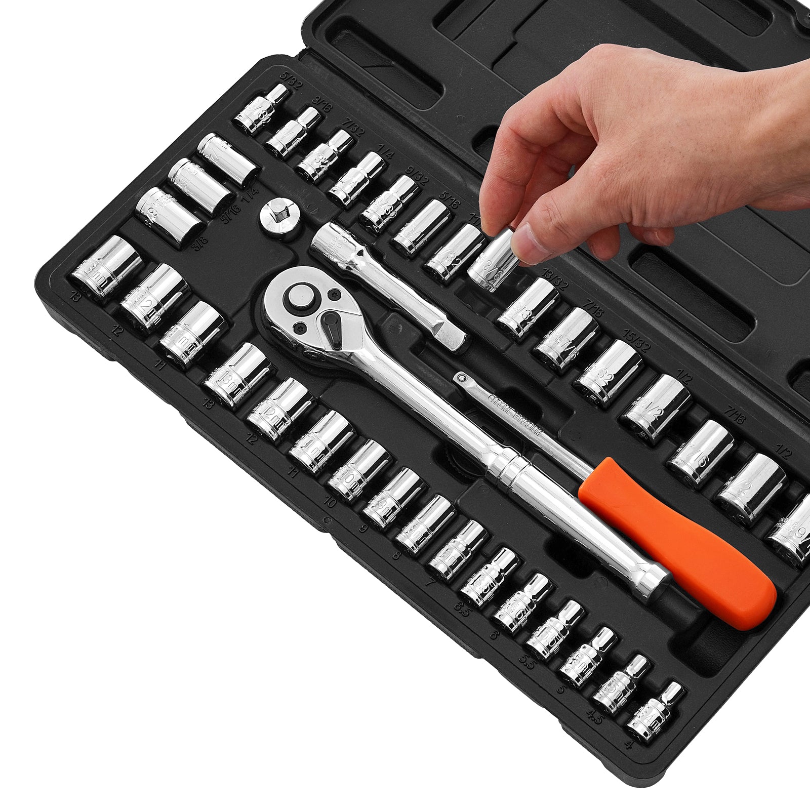 Socket Set, 39 Pieces, 3/8 & 1/4 inch Drive Socket and Ratchet Set, SAE and Metric Size, Mechanic Tool Kit with Ratchet Wrench, Accessories, Storage Case, CR-V Alloy Steel, for Automotive Repair