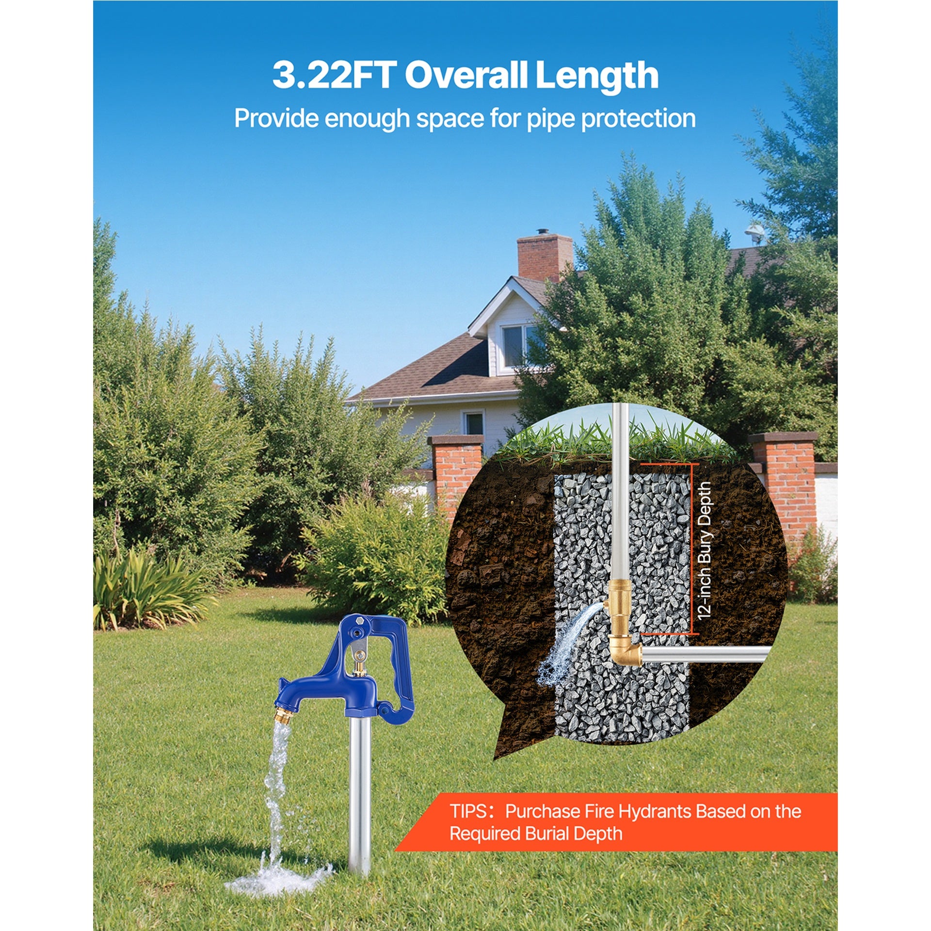 Frost Proof Yard Hydrant, 3.22FT Freeze-Proof Outdoor Faucet with 12" Bury Depth, 3/4" NPT Pipe Connection & 3/4" NH Hose Coupling, No Lead Freezeless Hydrant for Yard Garden Farm Irrigation