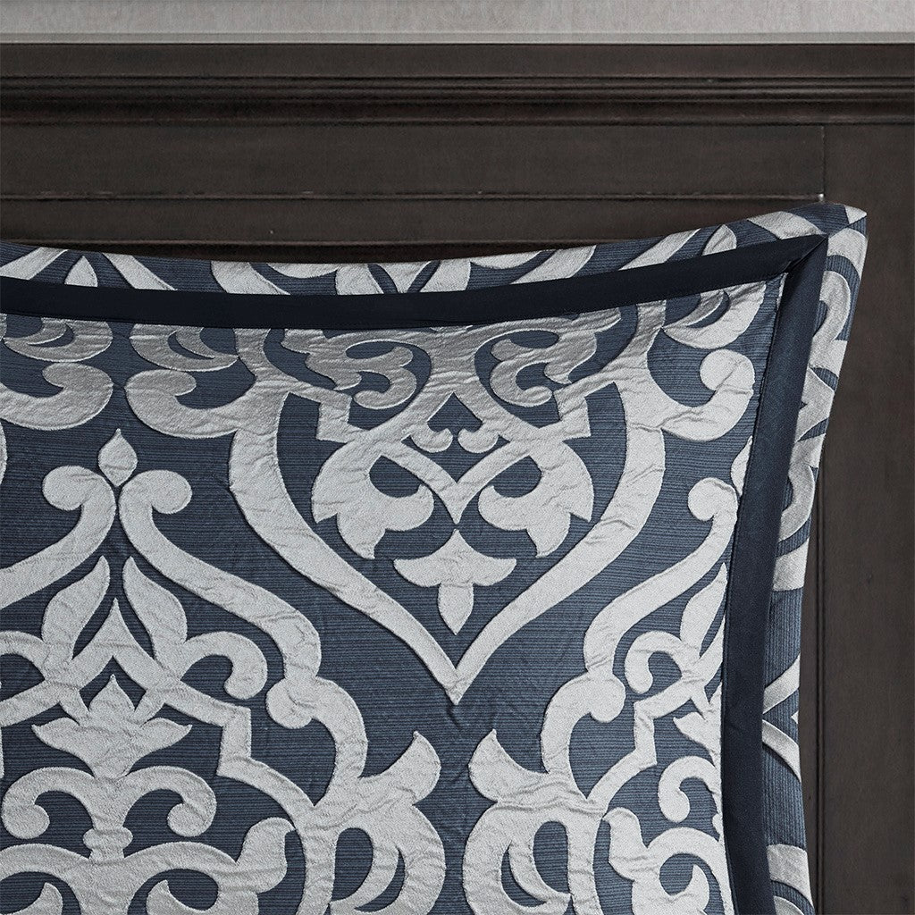 8 Piece Jacquard Comforter Set Navy/Silver King
