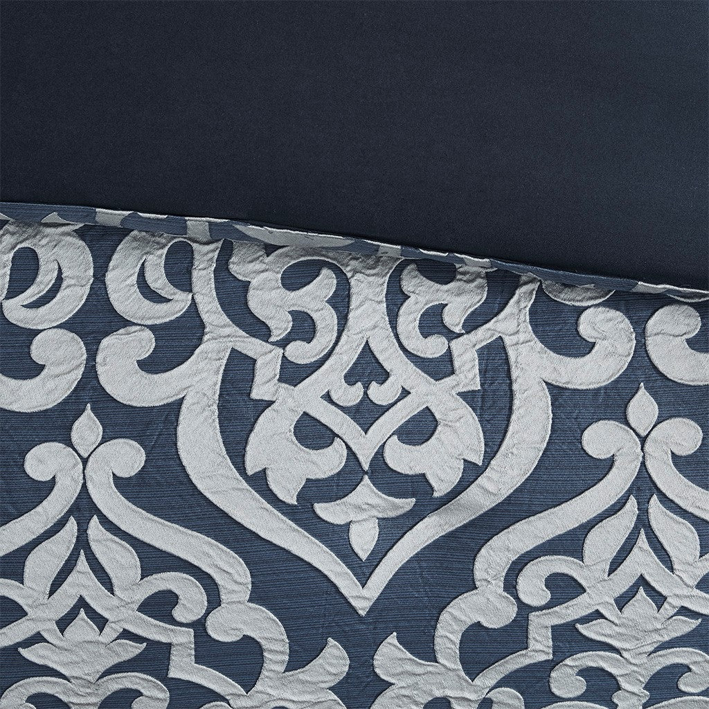 8 Piece Jacquard Comforter Set Navy/Silver King