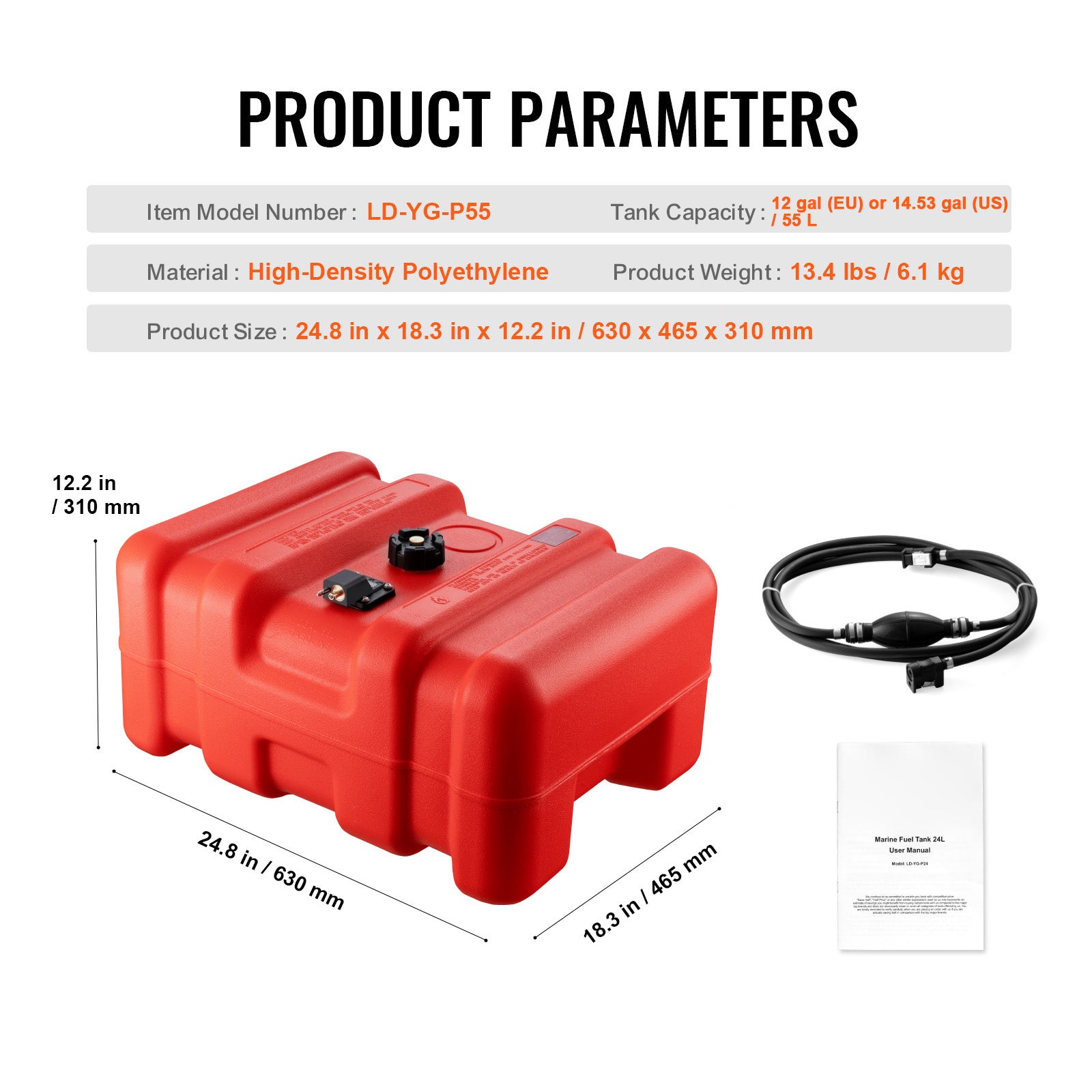 Marine Fuel Tank, 14.53 Gallon/55L, Portable Boat Fuel Gas Tank for Outboard Engine Boats, Plastic Outboard Marine Boat Fuel Tank with Hose, Easy to Carry for Yacht, Fishing Boat, Deck Boat, Red