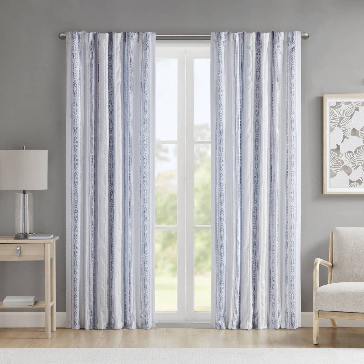 Poly Printed Curtain Panel with Tufted Stripe and Lining White/Navy 50x95"