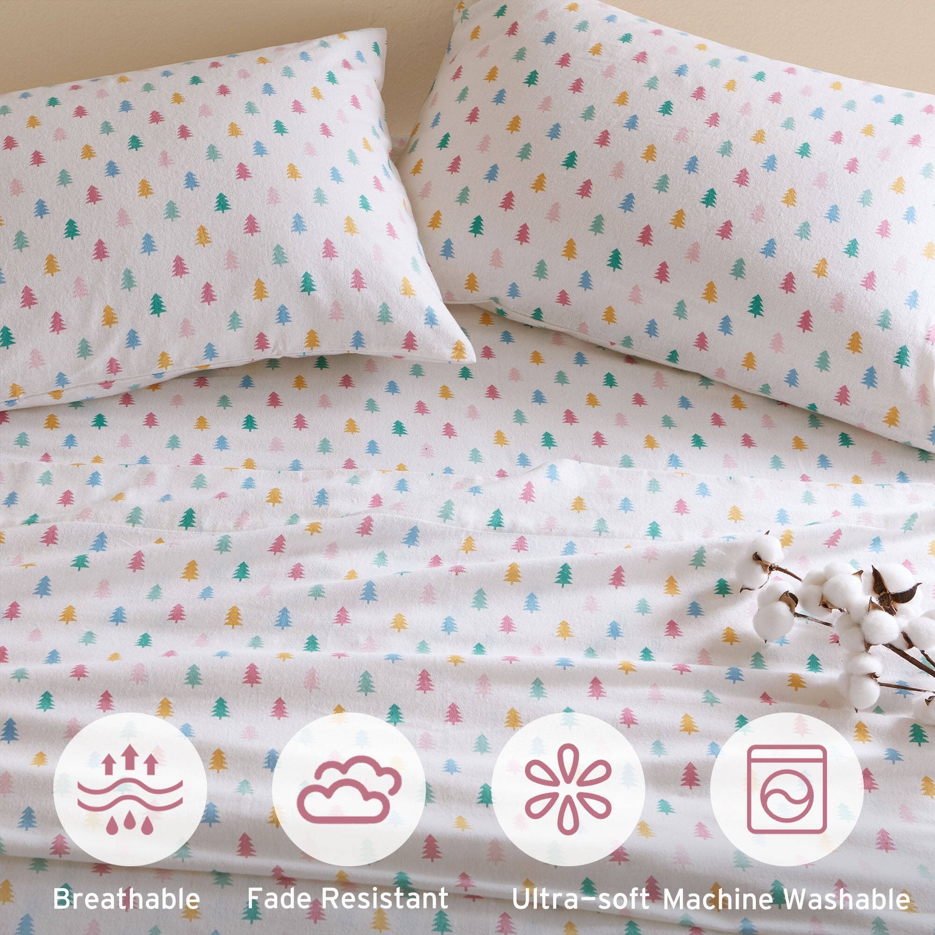 4-Piece Queen 100% Cotton Flannel Pigment Printed Sheet Set,Tree Block
