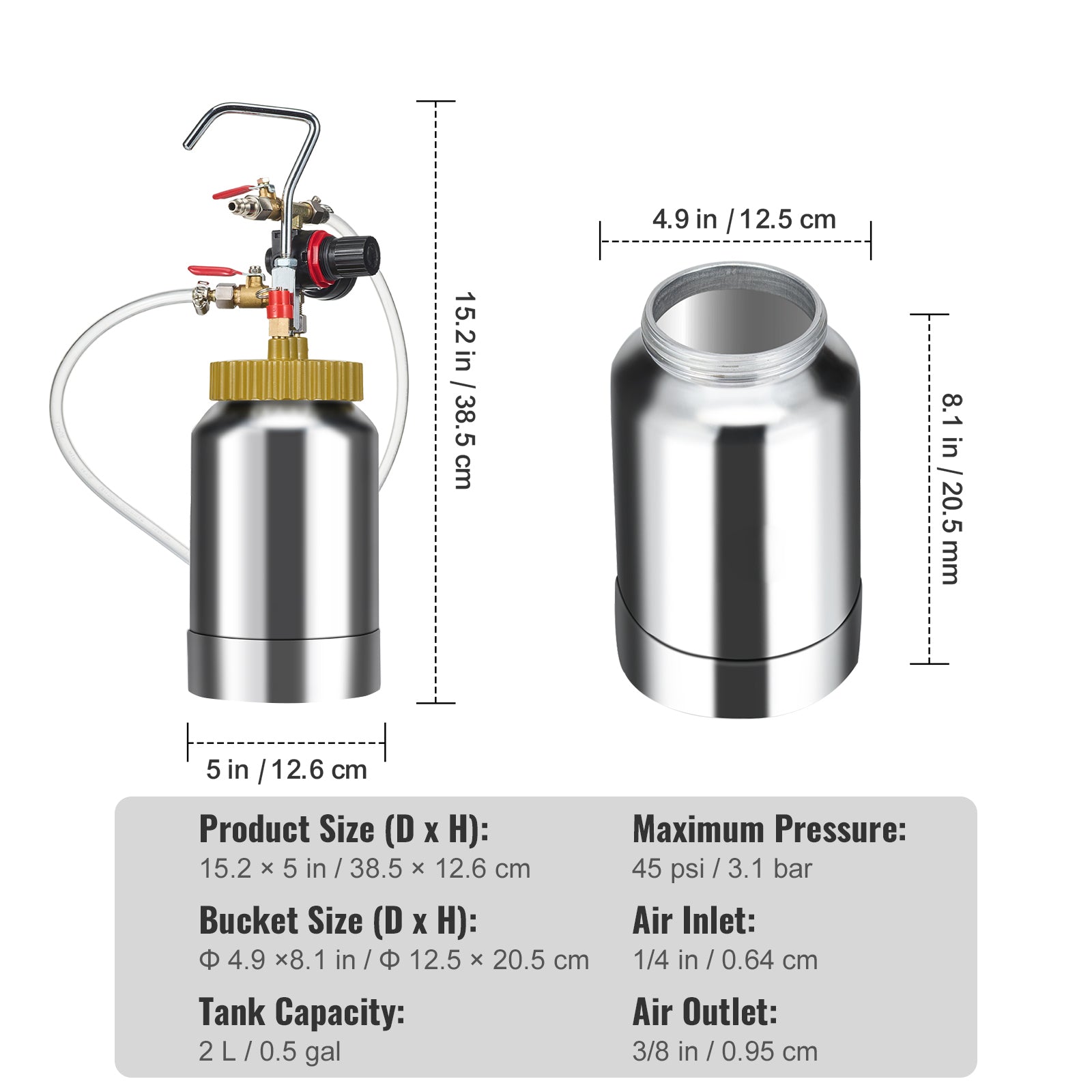 2L/0.5gal Spray Paint Pressure Pot Tank, Lightweight Air Paint Pressure Pot, 1.8mm Nozzle Spray Paint Gun 3m Hoses for Home Decoration Architecture Construction Automotive Painting, 45PSI Max