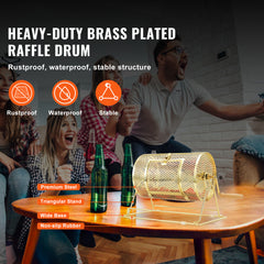 Raffle Drum,Holds 2500 Tickets or 100 Ping Pong Balls, Metal Lottery Spinning Drawing with Wooden Turning Handle,11.6 x Ø7.48 inch Brass Plated Raffle Ticket Spinning Cage, for Bingo Ballot Pa