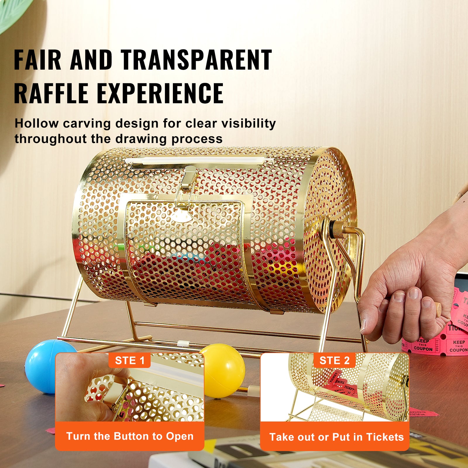 Raffle Drum,Holds 2500 Tickets or 100 Ping Pong Balls, Metal Lottery Spinning Drawing with Wooden Turning Handle,11.6 x Ø7.48 inch Brass Plated Raffle Ticket Spinning Cage, for Bingo Ballot Pa