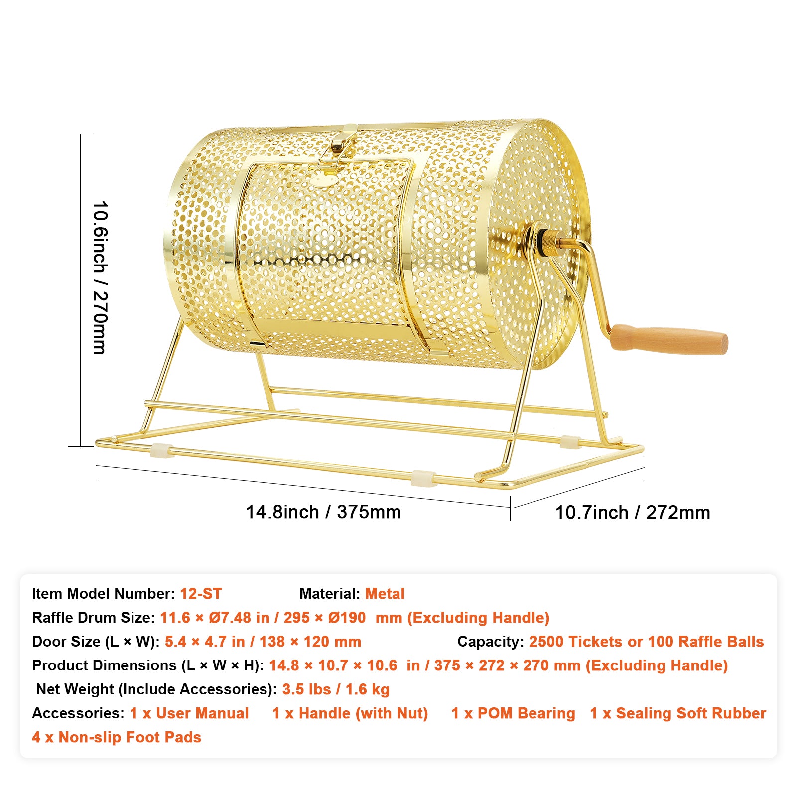 Raffle Drum,Holds 2500 Tickets or 100 Ping Pong Balls, Metal Lottery Spinning Drawing with Wooden Turning Handle,11.6 x Ø7.48 inch Brass Plated Raffle Ticket Spinning Cage, for Bingo Ballot Pa