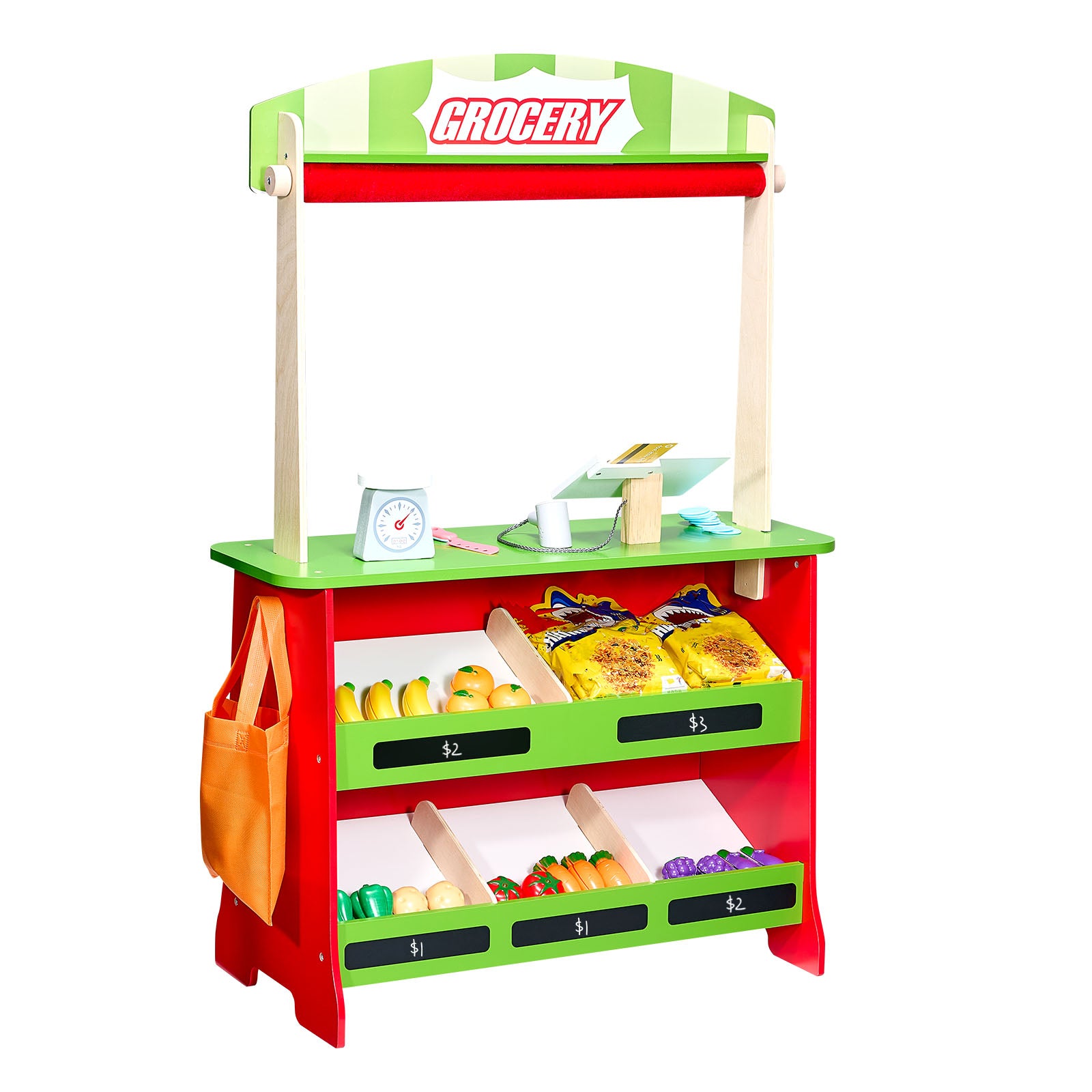 Wooden Puppet Theater 2-in-1 Reversible Play Store Kids Play Market Stand