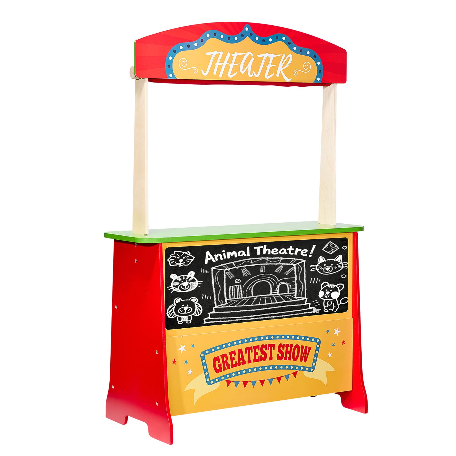 Wooden Puppet Theater 2-in-1 Reversible Play Store Kids Play Market Stand