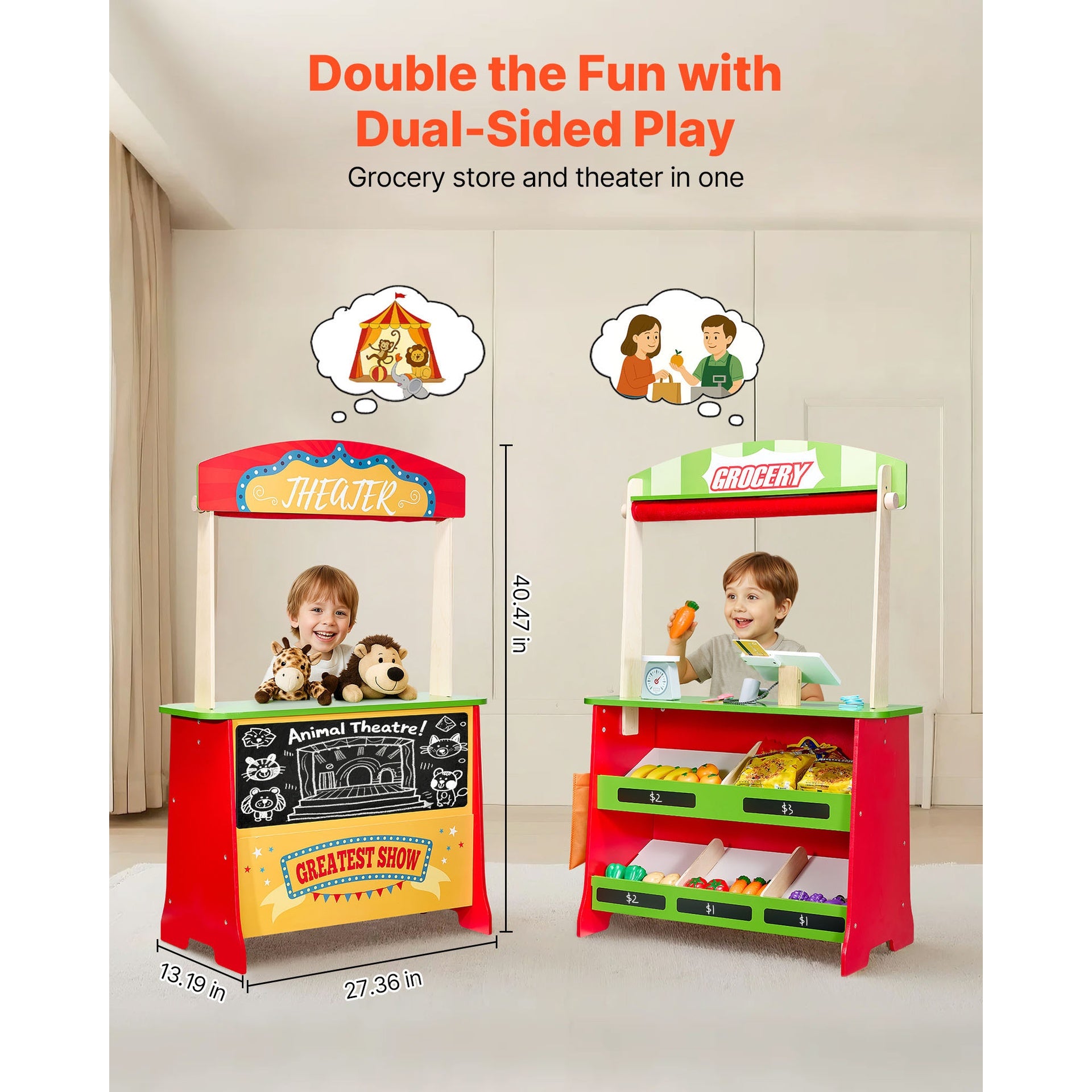 Wooden Puppet Theater 2-in-1 Reversible Play Store Kids Play Market Stand