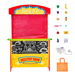 Wooden Puppet Theater 2-in-1 Reversible Play Store Kids Play Market Stand