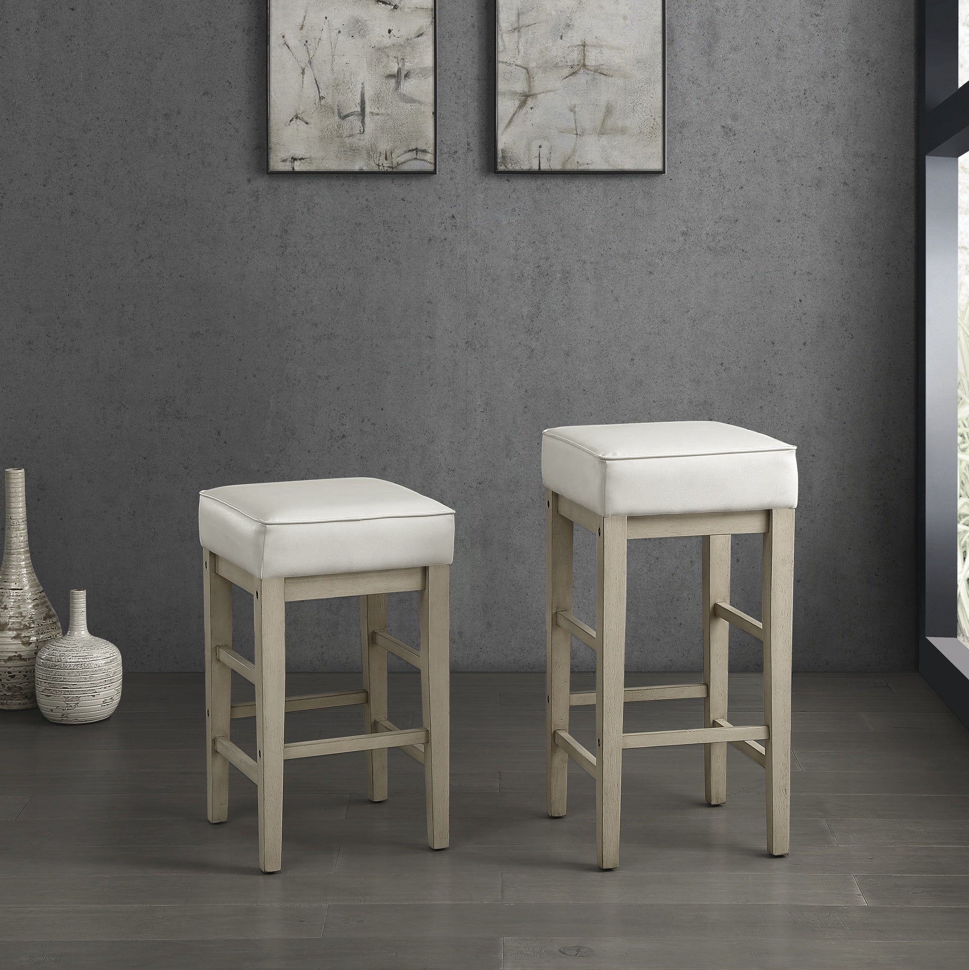 Transitional White Faux Leather Seat 24-inch Counter Height Stools Set of 2, White Finish Solid Wood Frame