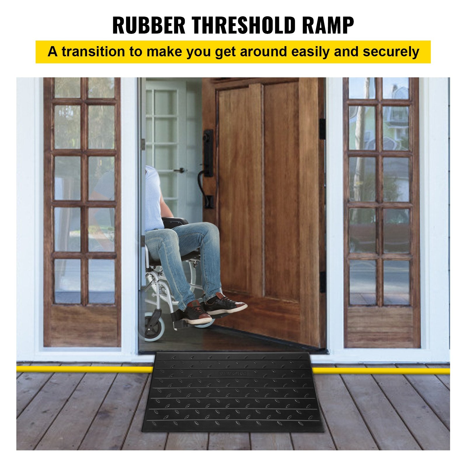 Rubber Threshold Ramp, 4" Rise Threshold Ramp Doorway, 3 Channels Cord Cover Rubber Solid Threshold Ramp, Rubber Angled Entry Rated 2200 Lbs Load Capacity for Wheelchair and Scooter