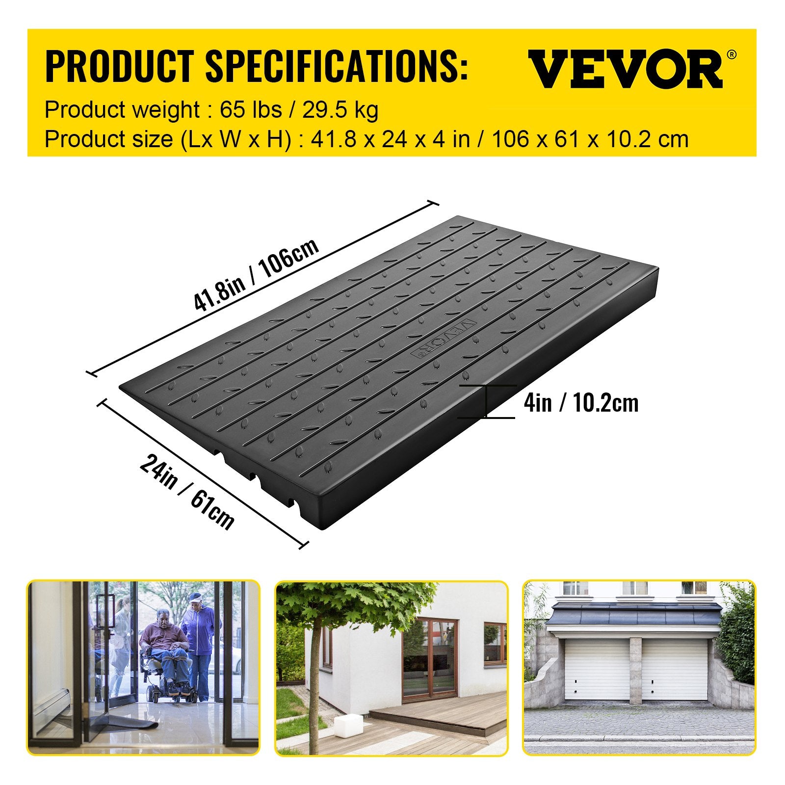 Rubber Threshold Ramp, 4" Rise Threshold Ramp Doorway, 3 Channels Cord Cover Rubber Solid Threshold Ramp, Rubber Angled Entry Rated 2200 Lbs Load Capacity for Wheelchair and Scooter