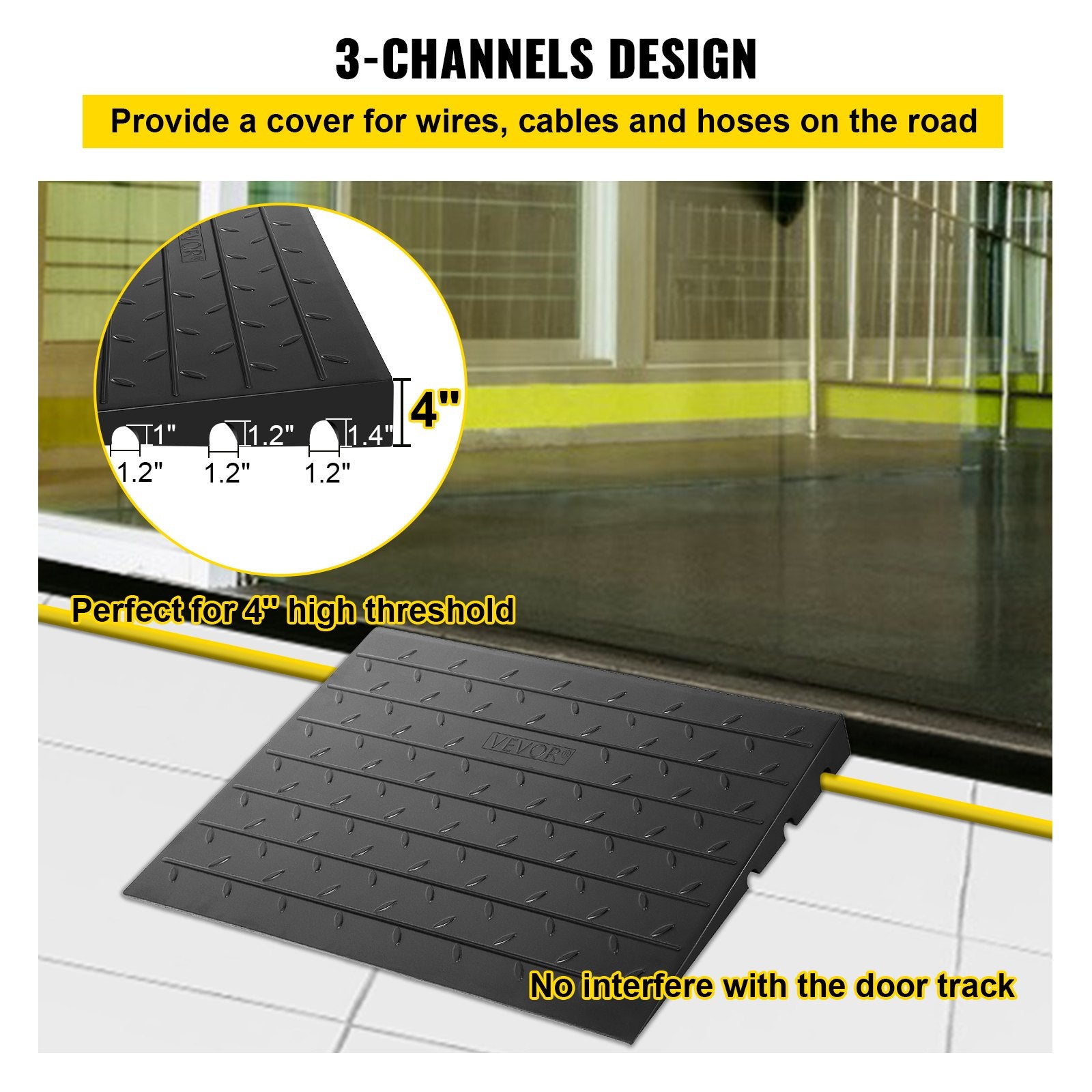 Rubber Threshold Ramp, 4" Rise Threshold Ramp Doorway, 3 Channels Cord Cover Rubber Solid Threshold Ramp, Rubber Angled Entry Rated 2200 Lbs Load Capacity for Wheelchair and Scooter