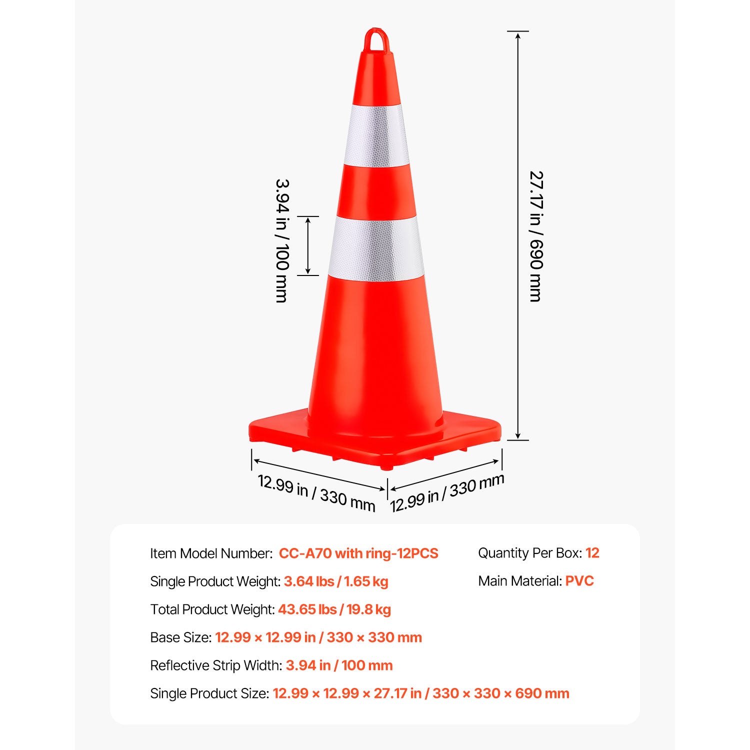 Safety Cones, 12 x 28" Traffic Cones, PVC Orange Construction Cones, 2 Reflective Collars Traffic Cones with Weighted Base and Hand-Held Ring Used for Traffic Control, Driveway Road Parking