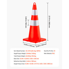 Safety Cones, 12 x 28" Traffic Cones, PVC Orange Construction Cones, 2 Reflective Collars Traffic Cones with Weighted Base and Hand-Held Ring Used for Traffic Control, Driveway Road Parking