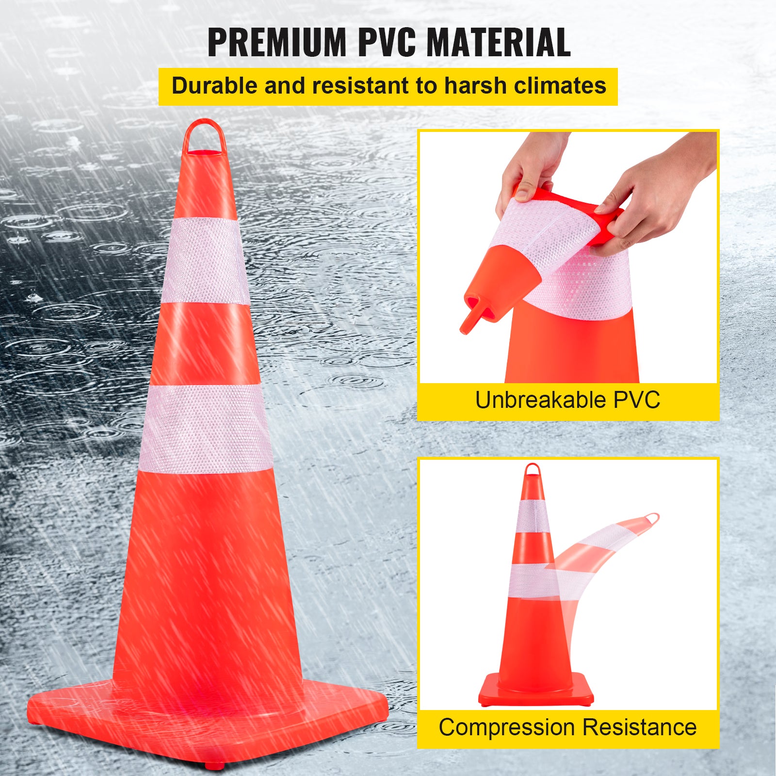 Safety Cones, 12 x 28" Traffic Cones, PVC Orange Construction Cones, 2 Reflective Collars Traffic Cones with Weighted Base and Hand-Held Ring Used for Traffic Control, Driveway Road Parking