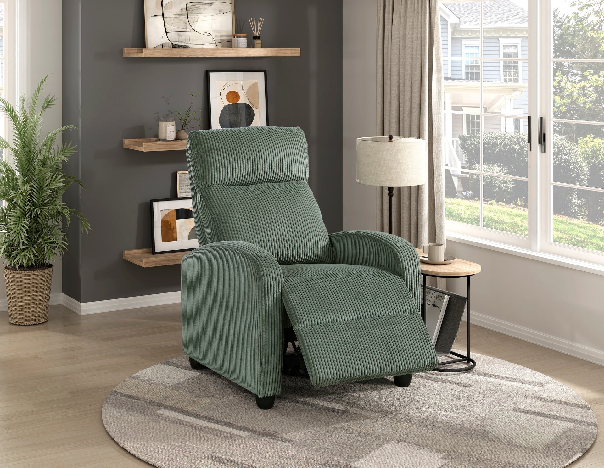 Modern Push Back Recliner Chair Green Soft Corduroy Upholstery Comfort Solid Wood Living Room Furniture 1pc