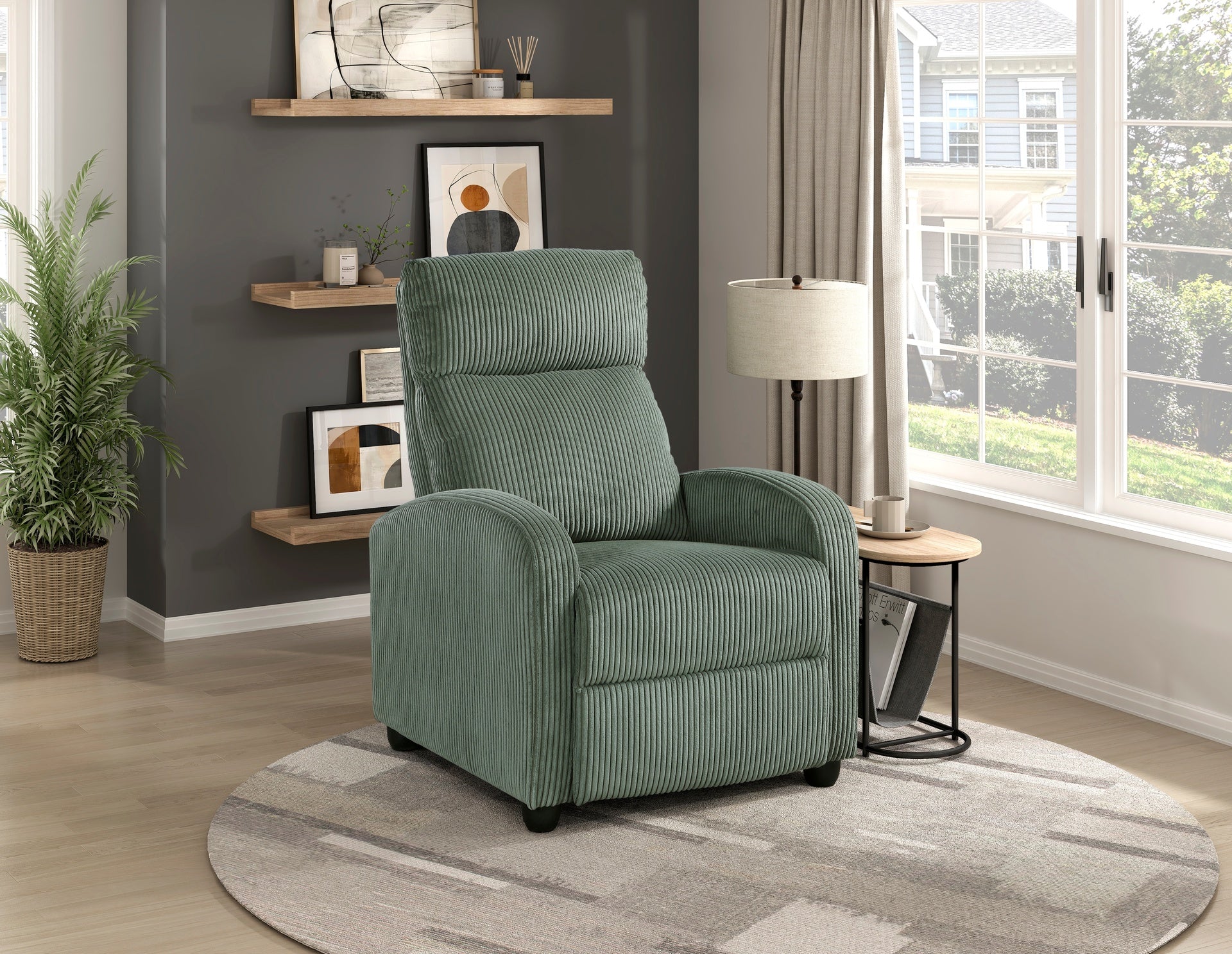 Modern Push Back Recliner Chair Green Soft Corduroy Upholstery Comfort Solid Wood Living Room Furniture 1pc