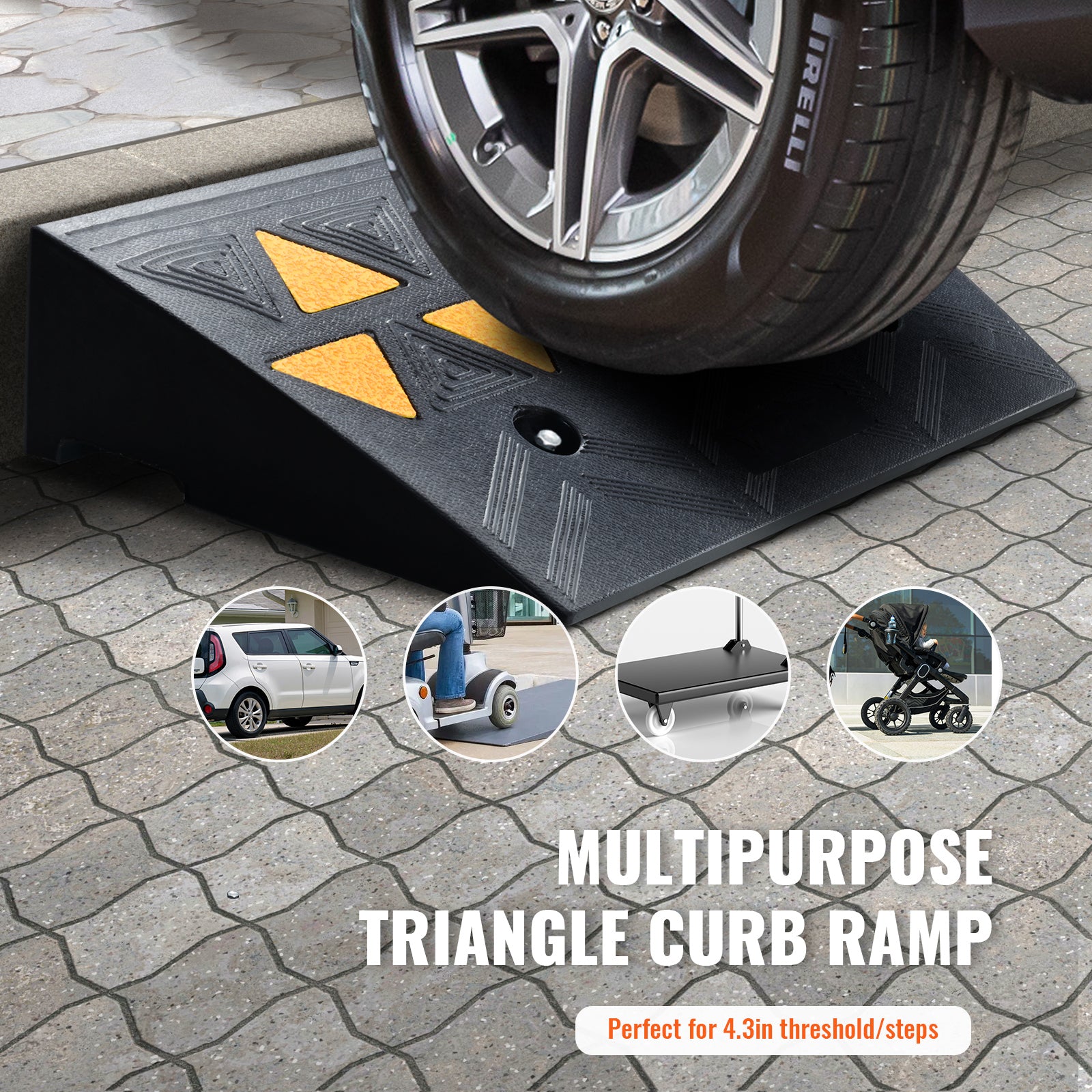 Rubber Curb Ramp 2 Pack, 4.3" Rise Height Heavy-Duty 33069 lbs/15 T Capacity Threshold Ramps, Driveway Ramps with Stable Grid Structure for Cars, Wheelchairs, Bikes, Motorcycles