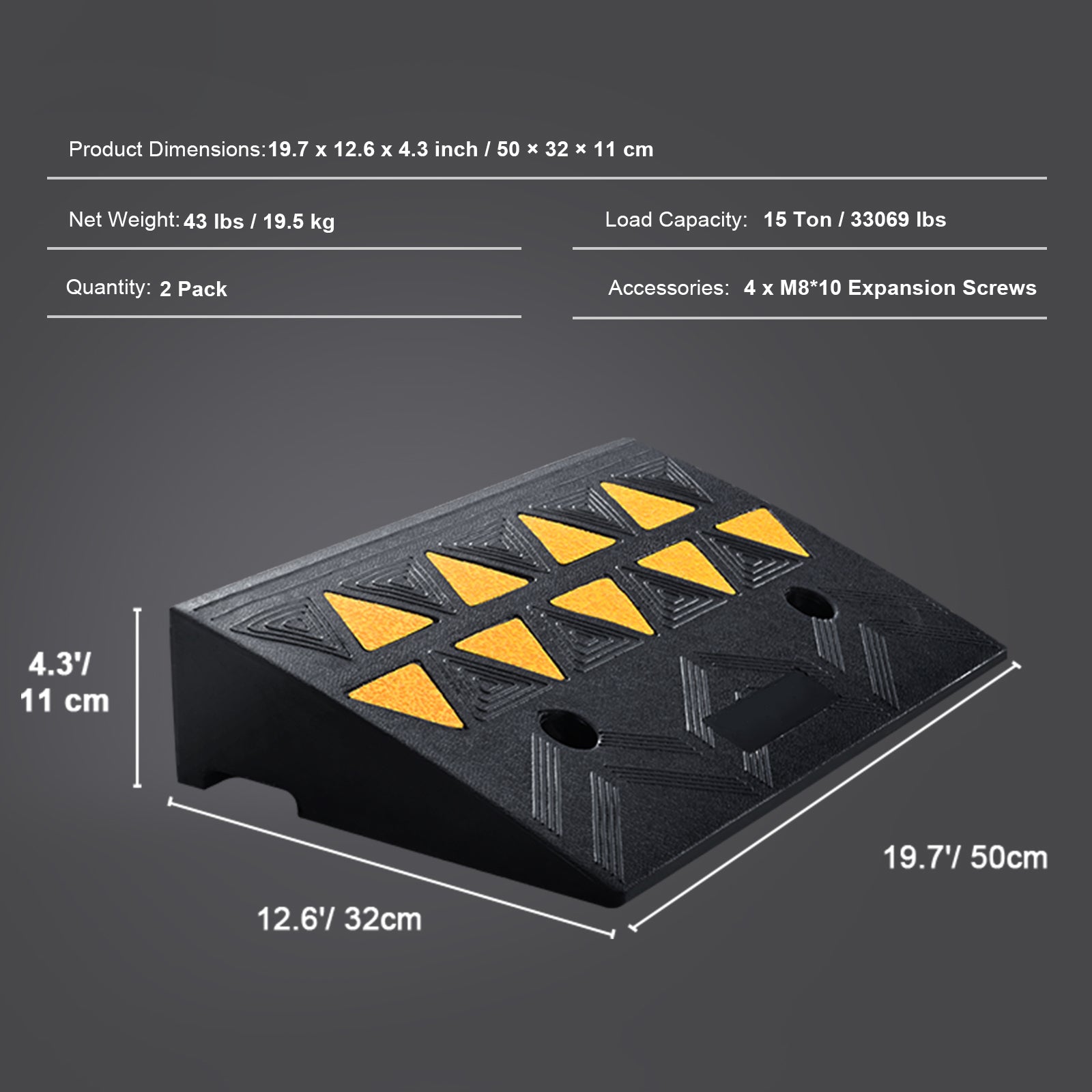 Rubber Curb Ramp 2 Pack, 4.3" Rise Height Heavy-Duty 33069 lbs/15 T Capacity Threshold Ramps, Driveway Ramps with Stable Grid Structure for Cars, Wheelchairs, Bikes, Motorcycles