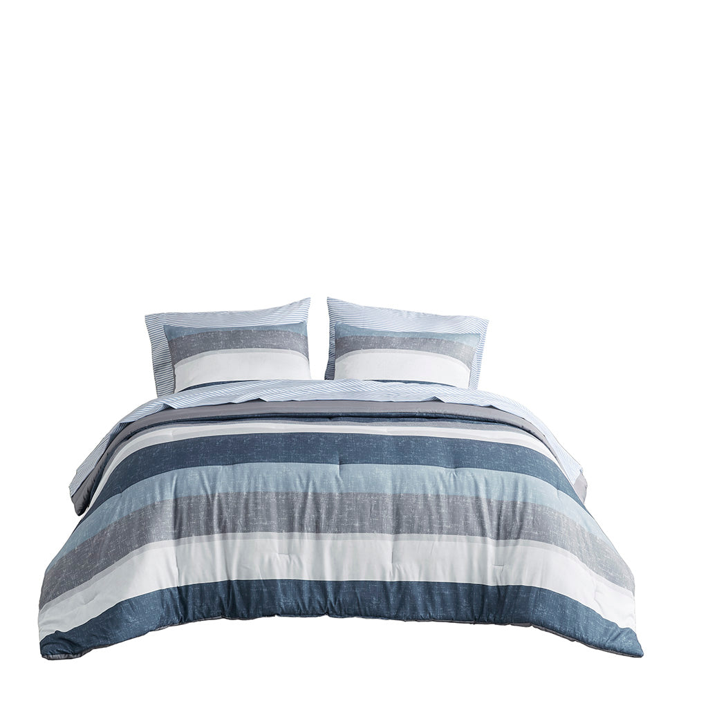 Stripe Comforter Set with Bed Sheets Blue/Grey Twin
