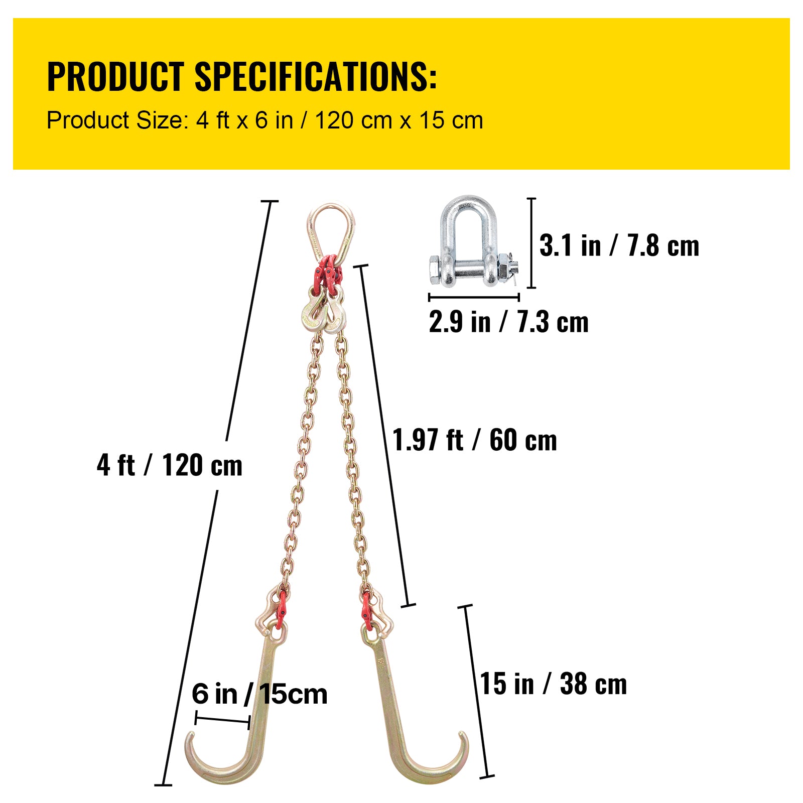 V Bridle Chain, 5/16 in x 2 ft Bridle Tow Chain, Grade 80 V-Bridle Transport Chain, 9260 Lbs Break Strength with TJ Hooks and Crab Hooks, Heavy Duty Pear Link Connector and Chain Shorteners