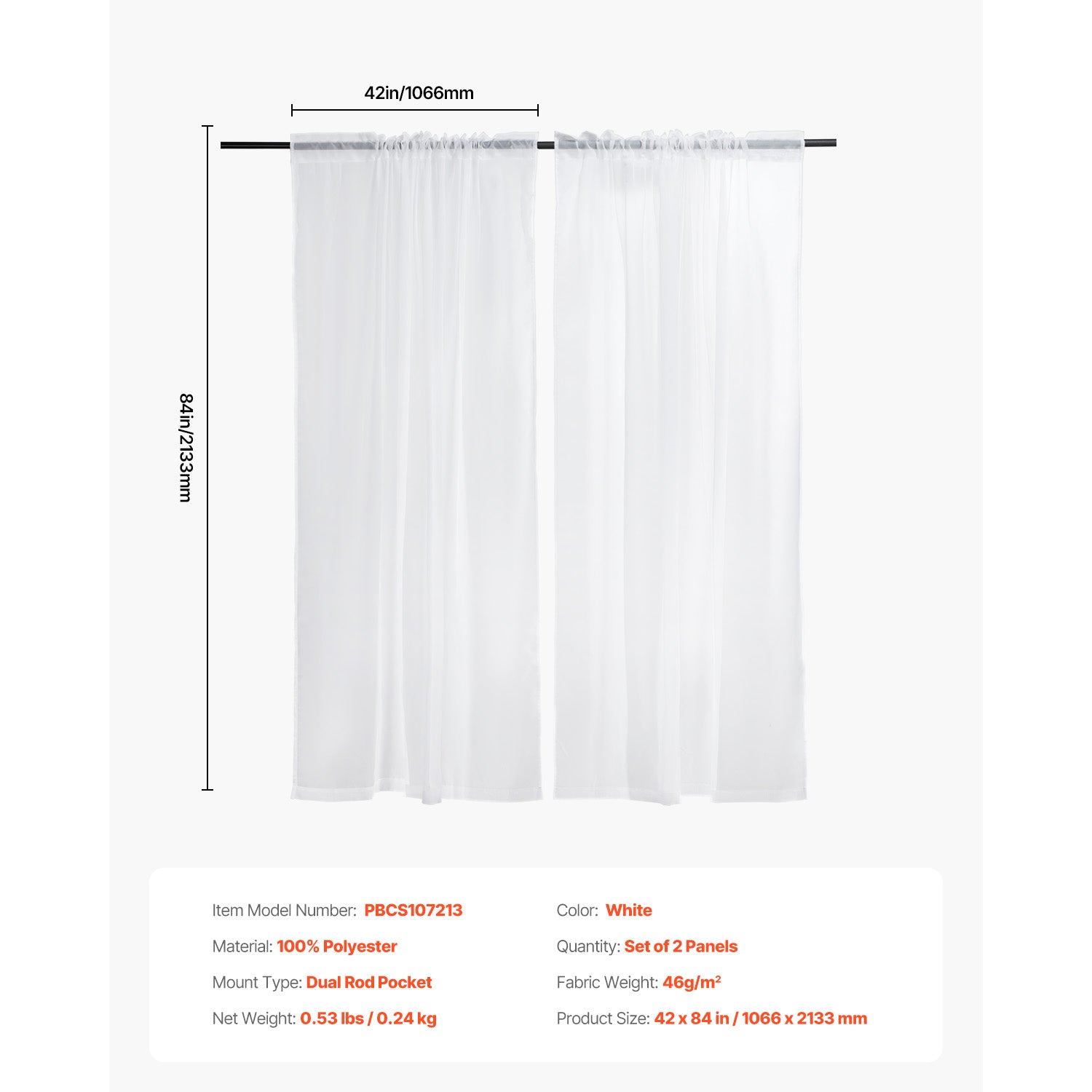 Sheer Curtains 42 W x 84 L inches 2 Panels Window Drapes Rod Pocket Polyester