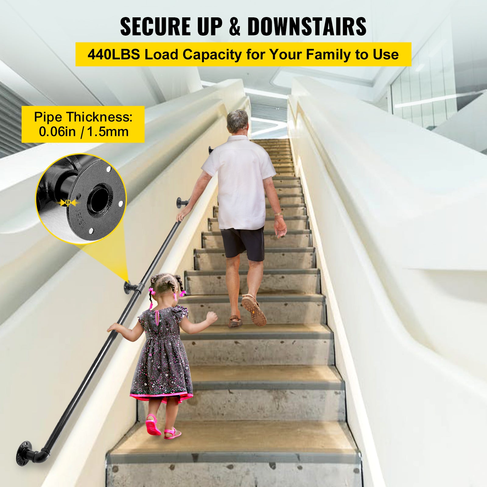 Pipe Stair Handrail, 10FT Staircase Handrail, 440LBS Load Capacity Carbon Steel Pipe Handrail, Industrial Pipe Handrail with Wall Mount Support, Round Corner Wall Handrailing for Indoor, Outdoor