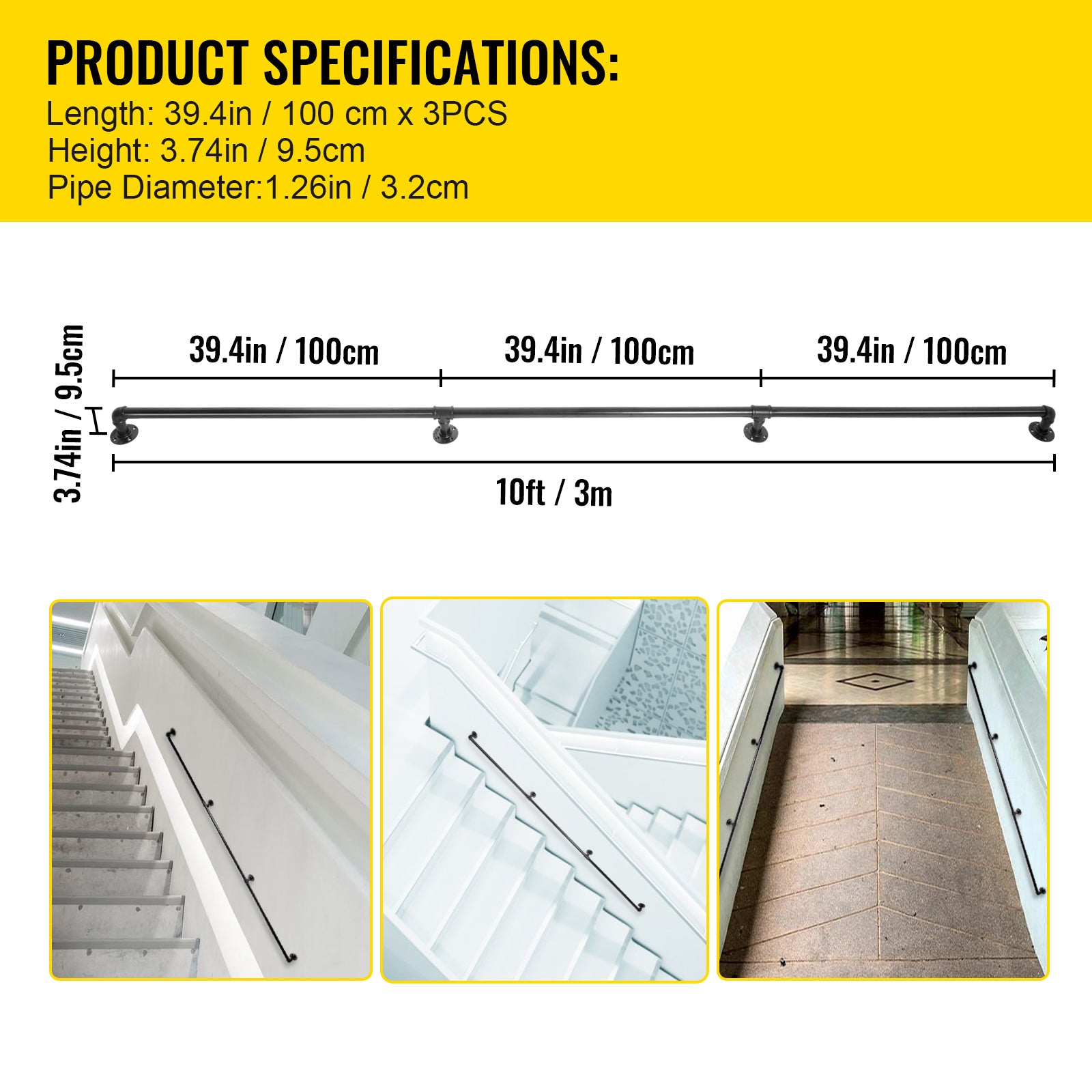 Pipe Stair Handrail, 10FT Staircase Handrail, 440LBS Load Capacity Carbon Steel Pipe Handrail, Industrial Pipe Handrail with Wall Mount Support, Round Corner Wall Handrailing for Indoor, Outdoor