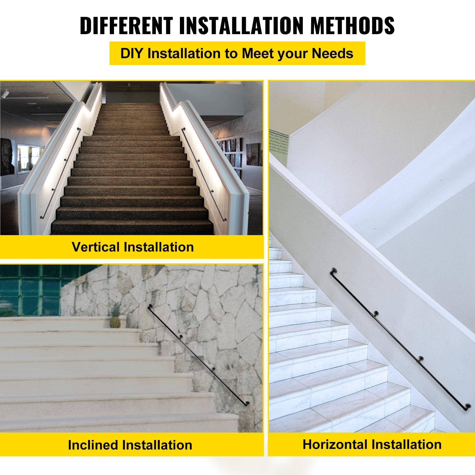 Pipe Stair Handrail, 10FT Staircase Handrail, 440LBS Load Capacity Carbon Steel Pipe Handrail, Industrial Pipe Handrail with Wall Mount Support, Round Corner Wall Handrailing for Indoor, Outdoor