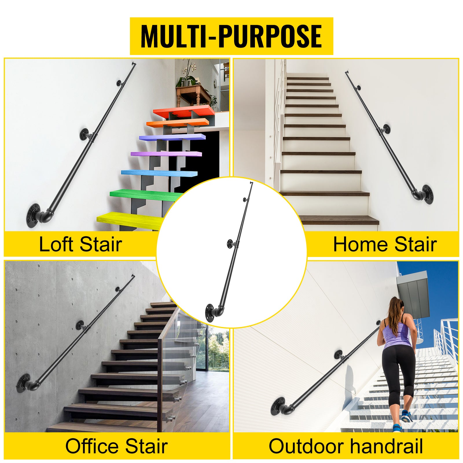 Pipe Stair Handrail, 10FT Staircase Handrail, 440LBS Load Capacity Carbon Steel Pipe Handrail, Industrial Pipe Handrail with Wall Mount Support, Round Corner Wall Handrailing for Indoor, Outdoor
