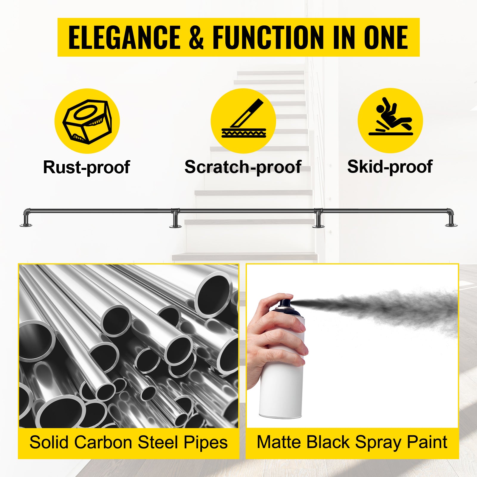Pipe Stair Handrail, 10FT Staircase Handrail, 440LBS Load Capacity Carbon Steel Pipe Handrail, Industrial Pipe Handrail with Wall Mount Support, Round Corner Wall Handrailing for Indoor, Outdoor