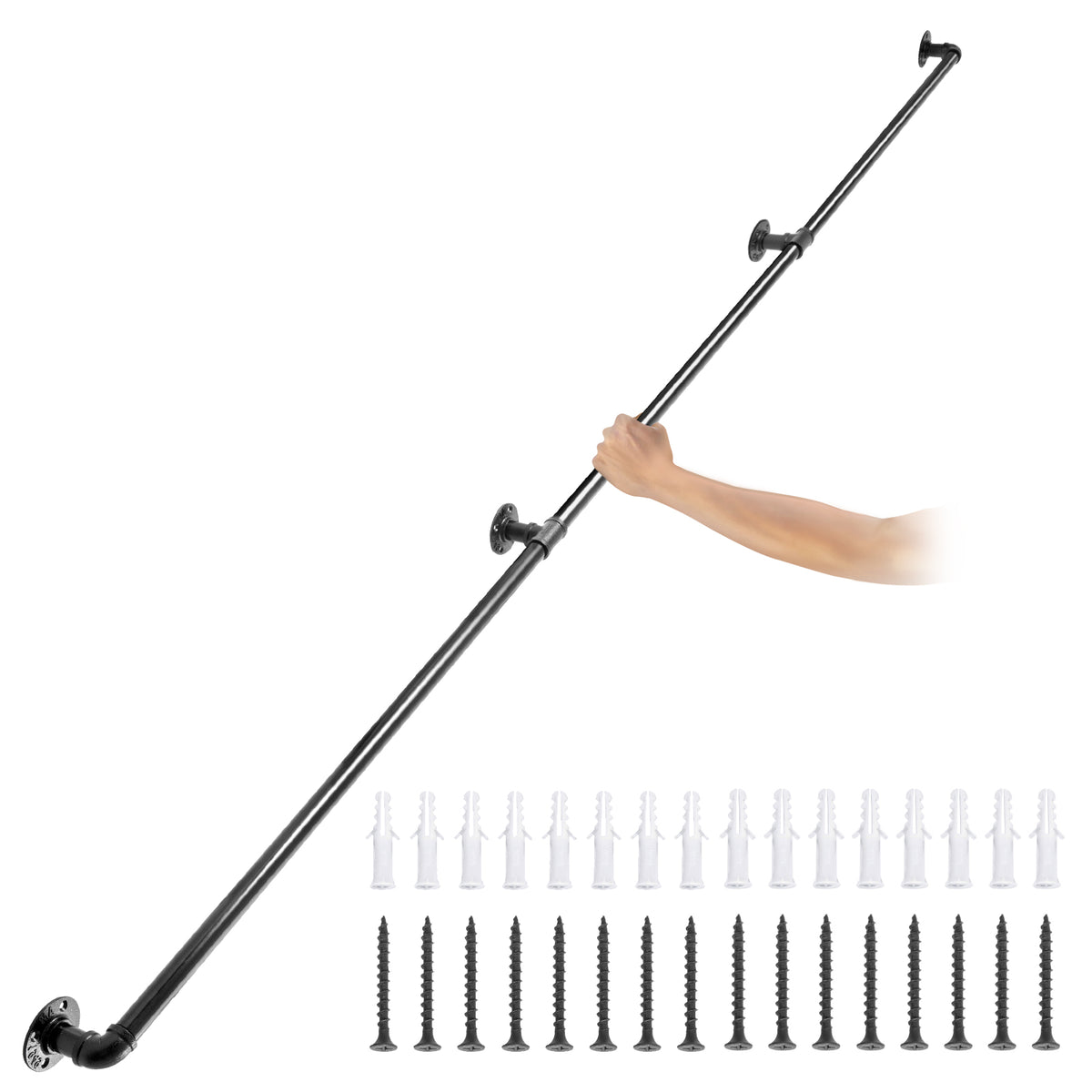 Pipe Stair Handrail, 10FT Staircase Handrail, 440LBS Load Capacity Carbon Steel Pipe Handrail, Industrial Pipe Handrail with Wall Mount Support, Round Corner Wall Handrailing for Indoor, Outdoor