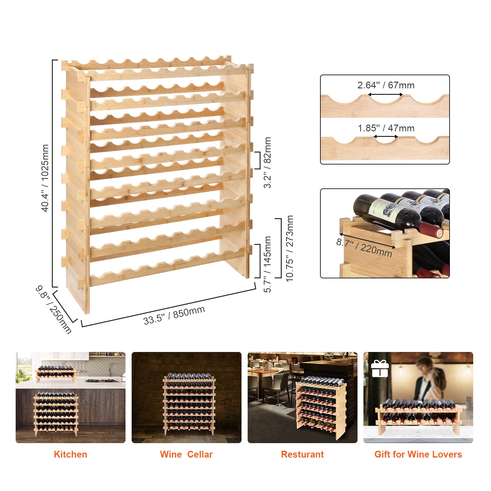 72 Bottle Stackable Modular Wine Rack Bamboo Wood Display Shelf 8-Tier