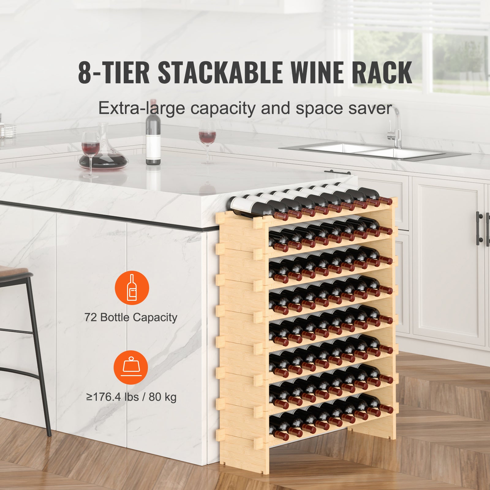 72 Bottle Stackable Modular Wine Rack Bamboo Wood Display Shelf 8-Tier