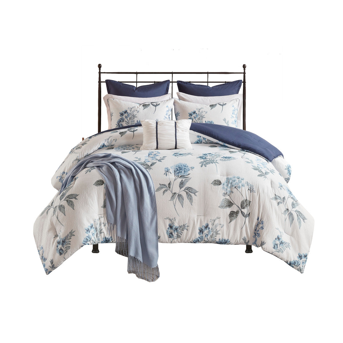 7 Piece Printed Seersucker Comforter Set with Throw Blanket Blue Full/Queen