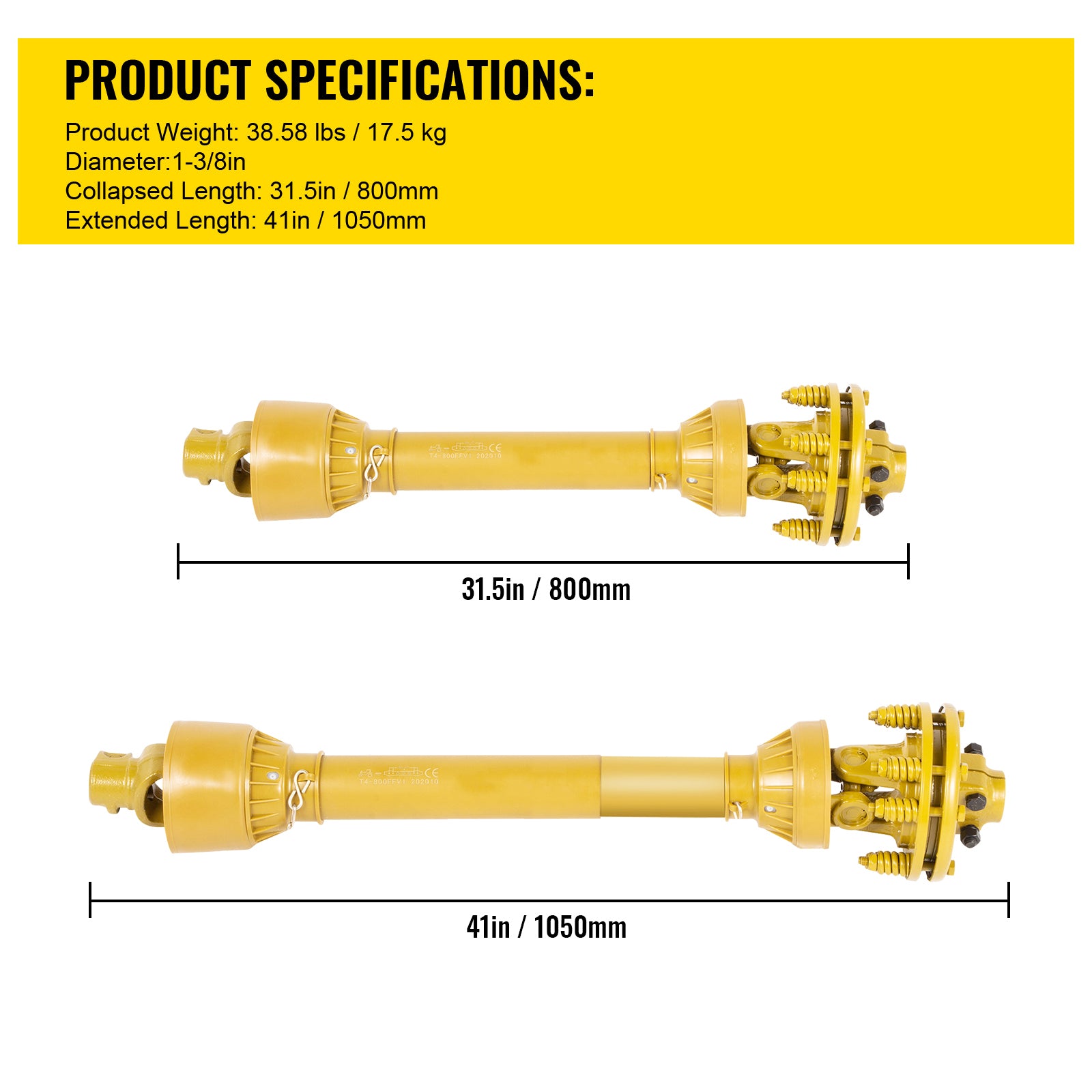 PTO Shaft, 1-3/8" PTO Drive Shaft, 6 Spline Both Ends PTO Driveline Shaft, Series 4 Tractor PTO Shaft, 31.5"-41" Brush Hog PTO Shaft, Yellow PTO Shaft w/Slip Clutch for Bush Hog/Finish Mower