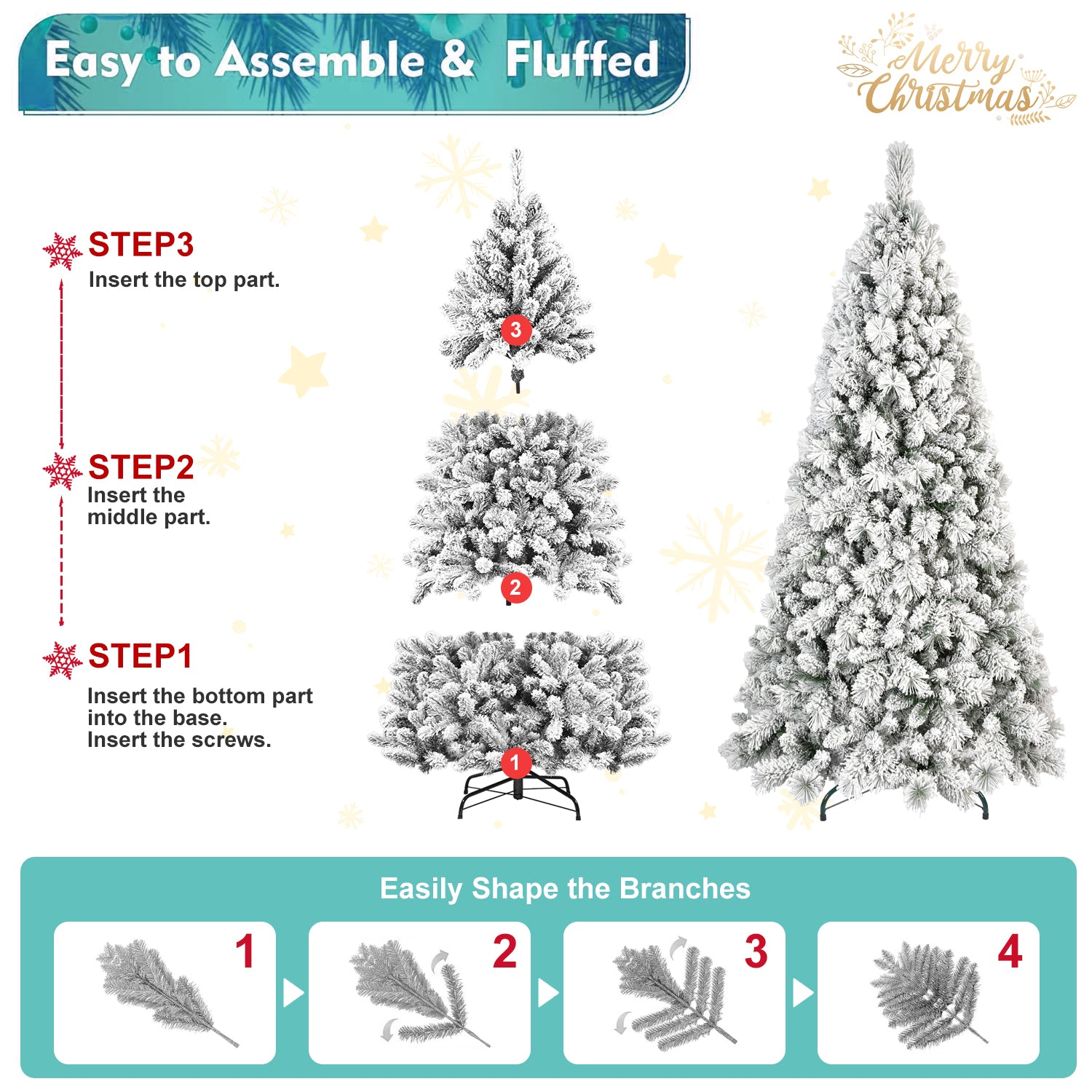 4FT Flocked Christmas Tree with 350 Tips – Snowy PVC & Hard Needle Branches, Hinged Structure for Easy Setup, Stable Metal Stand – Realistic Full-Body Holiday Tree