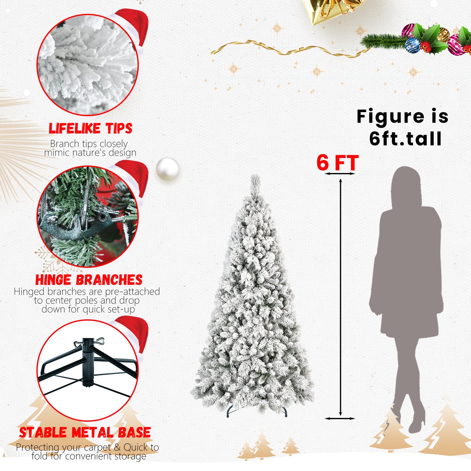 4FT Flocked Christmas Tree with 350 Tips – Snowy PVC & Hard Needle Branches, Hinged Structure for Easy Setup, Stable Metal Stand – Realistic Full-Body Holiday Tree
