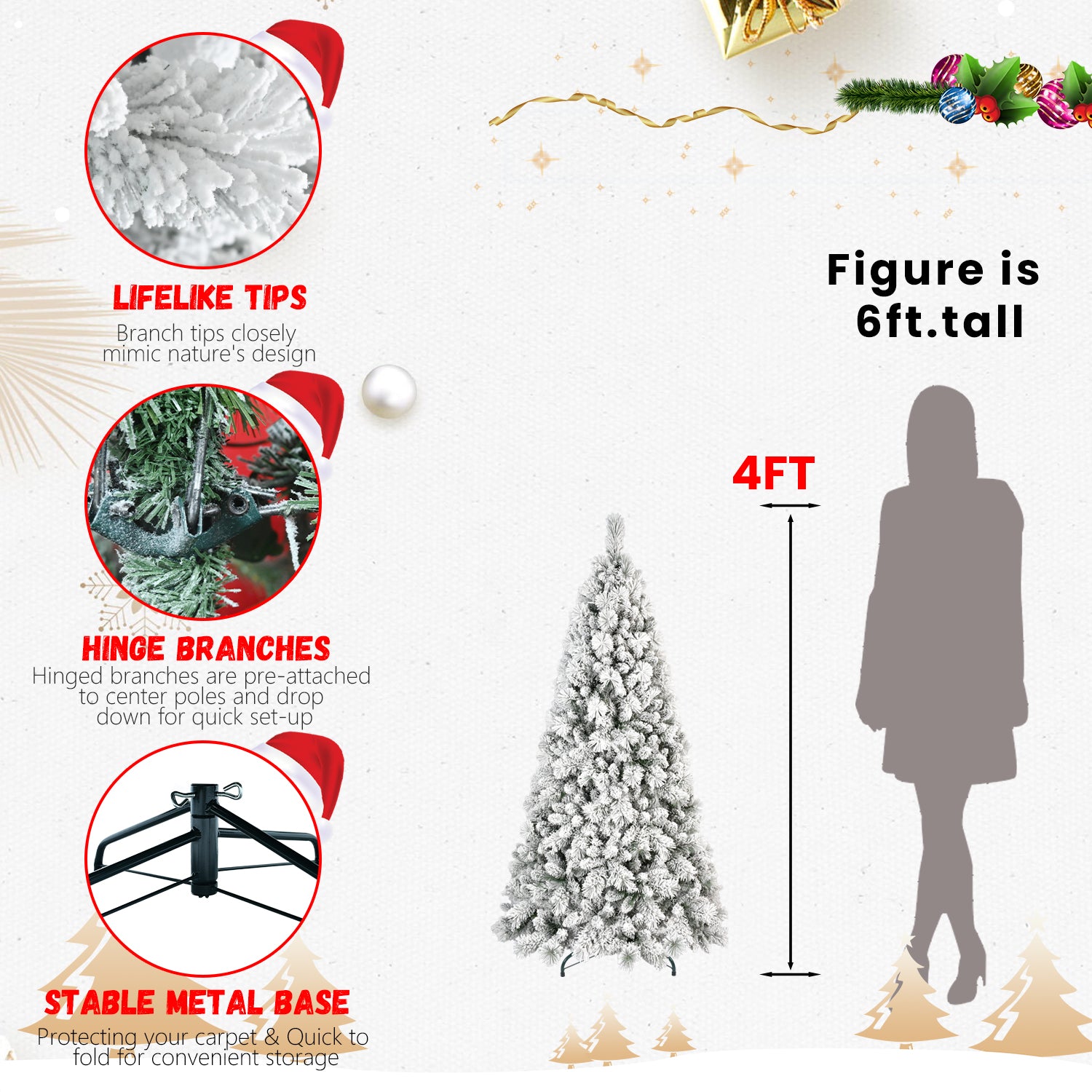 4FT Flocked Christmas Tree with 350 Tips – Snowy PVC & Hard Needle Branches, Hinged Structure for Easy Setup, Stable Metal Stand – Realistic Full-Body Holiday Tree