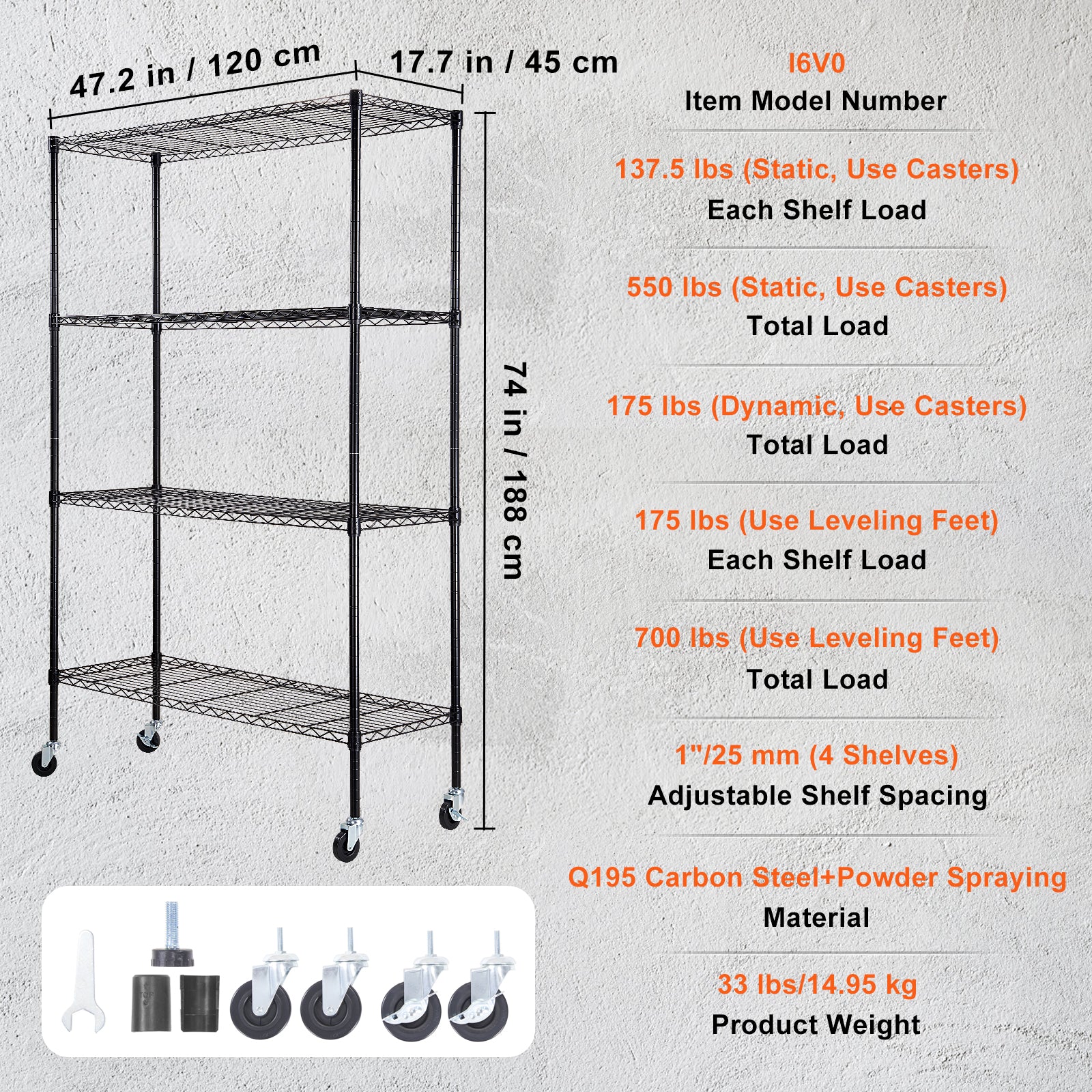 Storage Shelving Unit with Wheels, 4-Tier Adjustable, 700 lbs Capacity, Heavy Duty Garage Shelves Metal Organizer Wire Rack, Black, 47.2" L x 17.7" W x 74" H for Kitchen Pantry Basement Bathroom