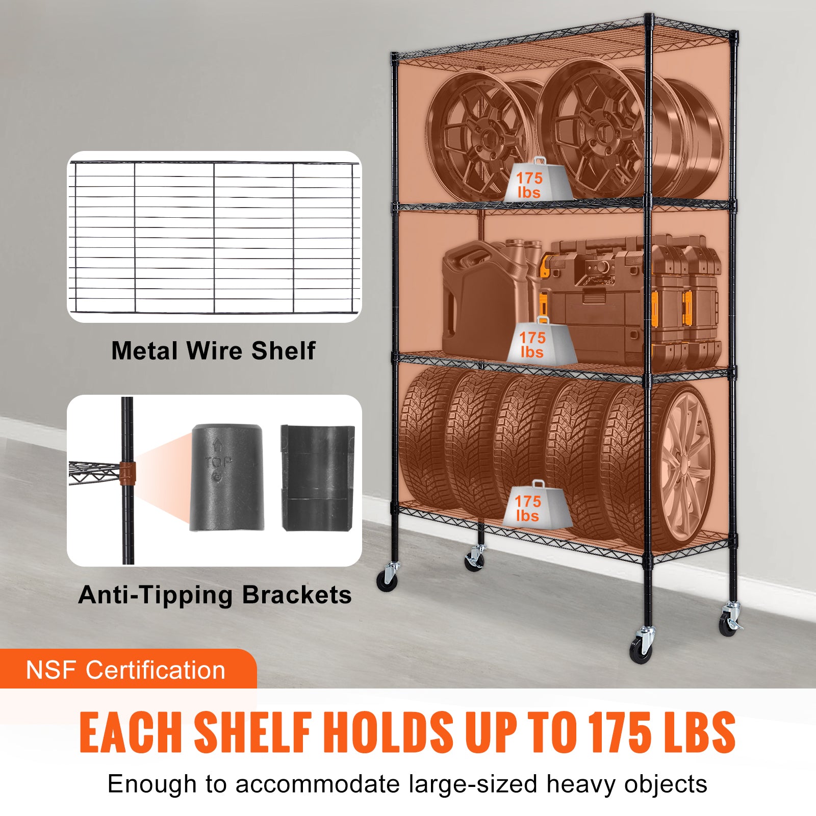 Storage Shelving Unit with Wheels, 4-Tier Adjustable, 700 lbs Capacity, Heavy Duty Garage Shelves Metal Organizer Wire Rack, Black, 47.2" L x 17.7" W x 74" H for Kitchen Pantry Basement Bathroom
