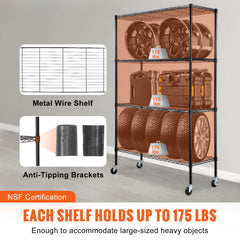 Storage Shelving Unit with Wheels, 4-Tier Adjustable, 700 lbs Capacity, Heavy Duty Garage Shelves Metal Organizer Wire Rack, Black, 47.2" L x 17.7" W x 74" H for Kitchen Pantry Basement Bathroom
